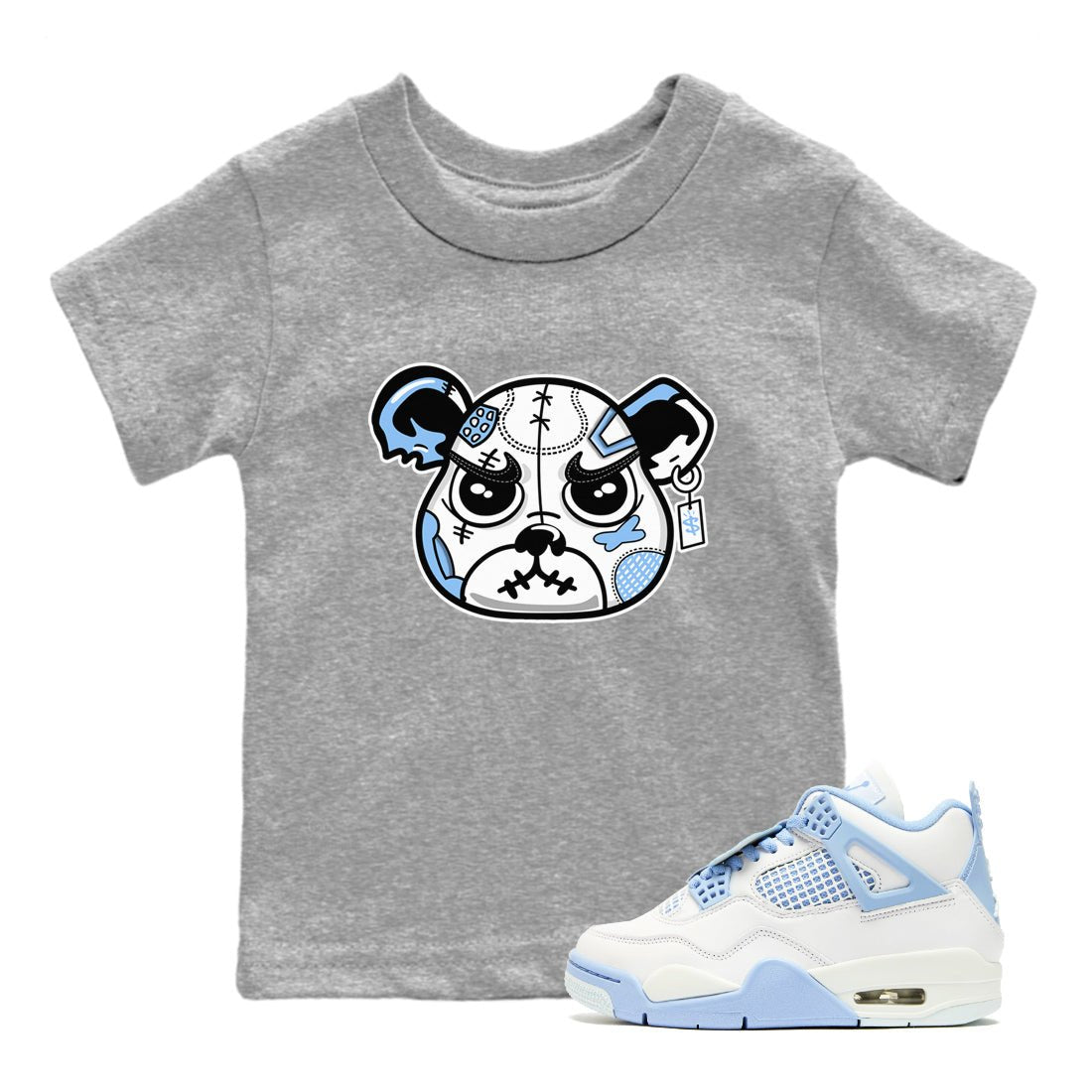 Sneaker Bear Face baby and kids t-shirt crafted for little sneakerheads to shine with the Air Jordan 4 Aluminum sneakers, displayed in Heather Grey 1.
