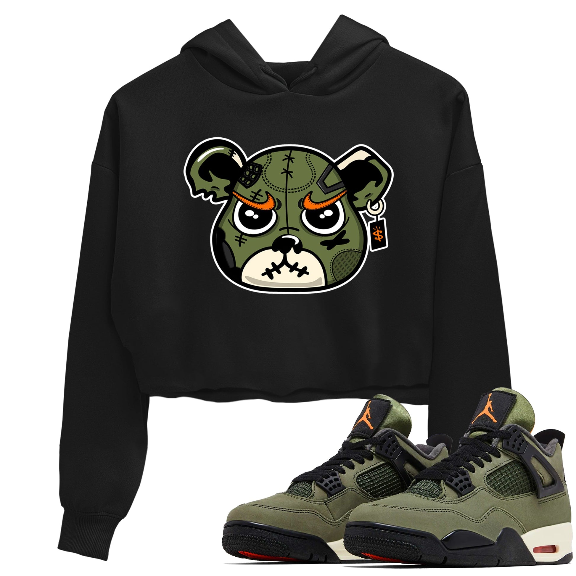 Sneaker match tees – Sneaker Tees To Match Undefeated inspired colorways Air Jordan 4 OG Olive Shoes – Sneaker Bear Face Crop T-Shirt Black 1