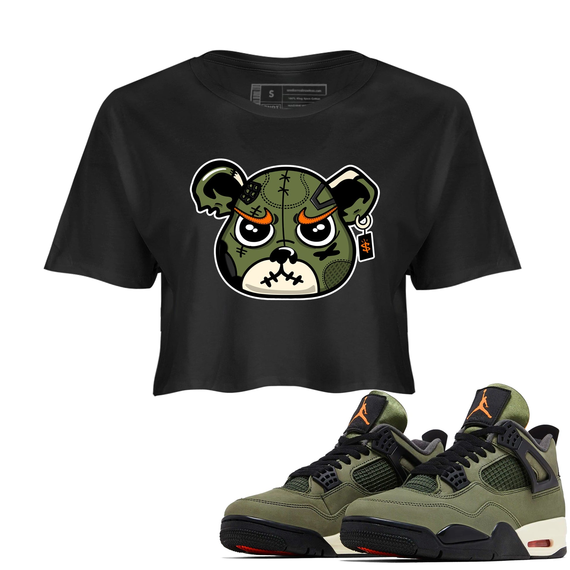 Sneaker match tees – Sneaker Tees To Match Undefeated inspired colorways Air Jordan 4 OG Olive Shoes – Sneaker Bear Face Crop T-Shirt Black 1