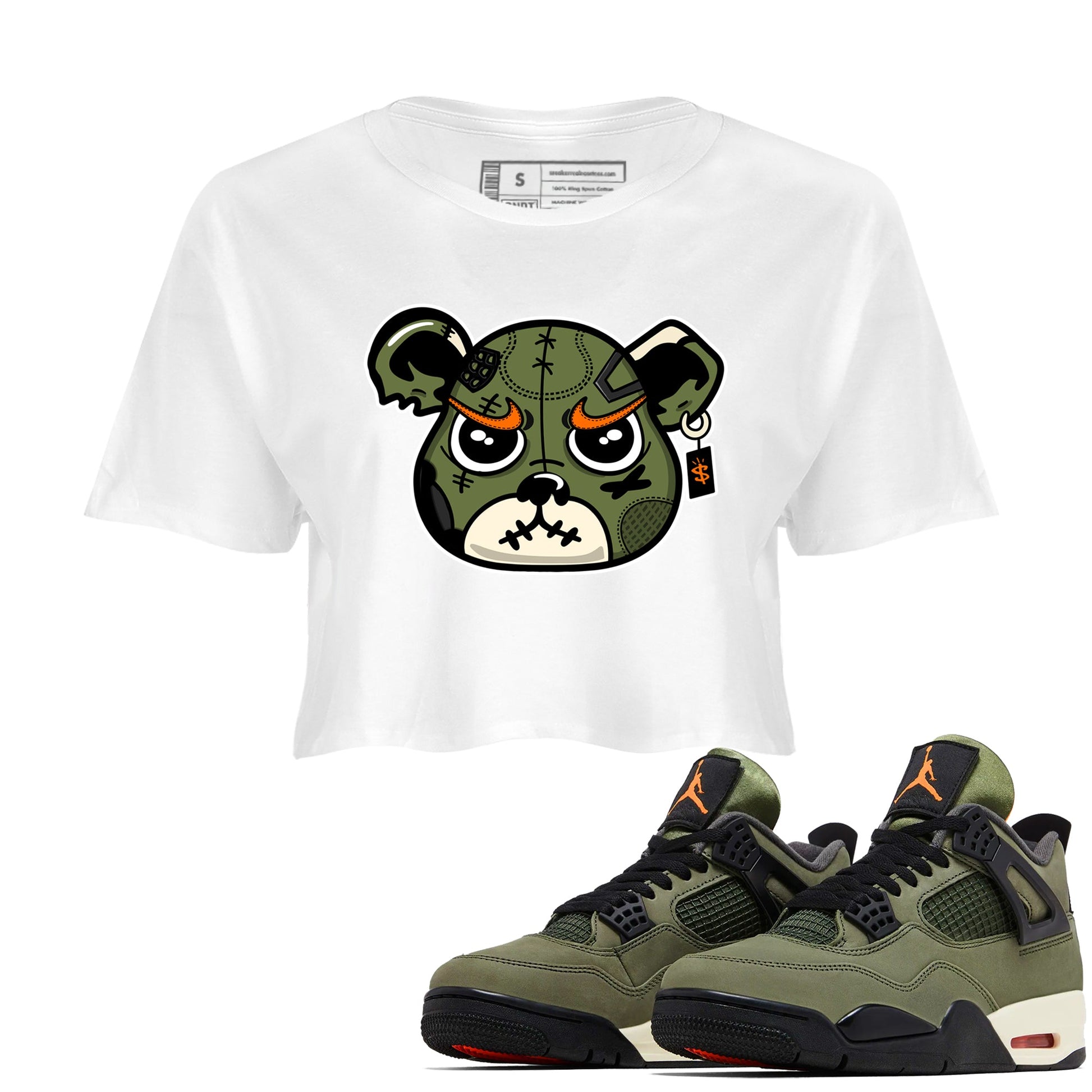 Sneaker match tees – Sneaker Tees To Match Undefeated inspired colorways Air Jordan 4 OG Olive Shoes – Sneaker Bear Face Crop T-Shirt White 1