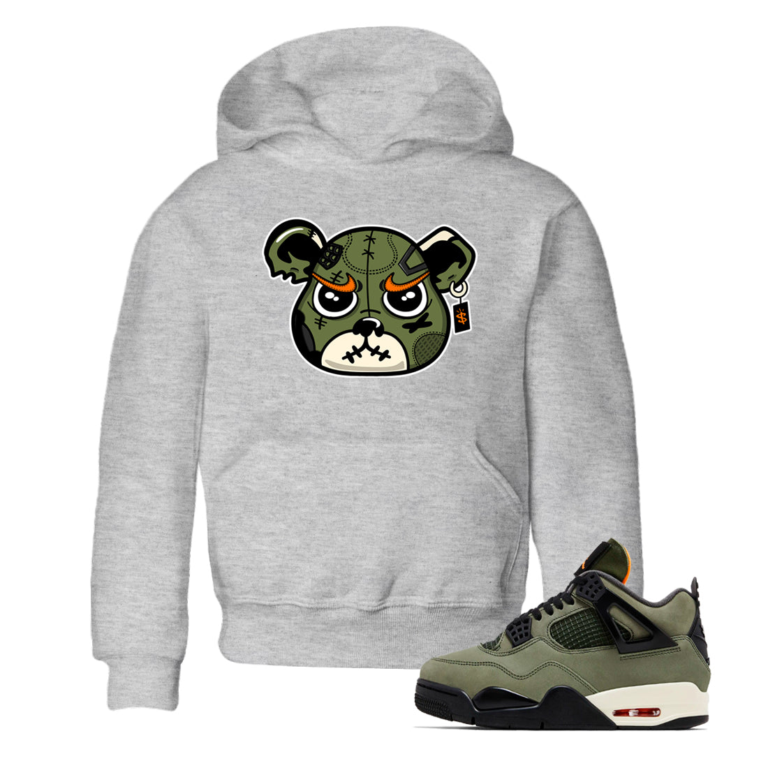Sneaker match tees – Sneaker Tees To Match Undefeated inspired colorways Air Jordan 4 OG Olive Shoes – Sneaker Bear Face Kids T-Shirt Heather Grey 1