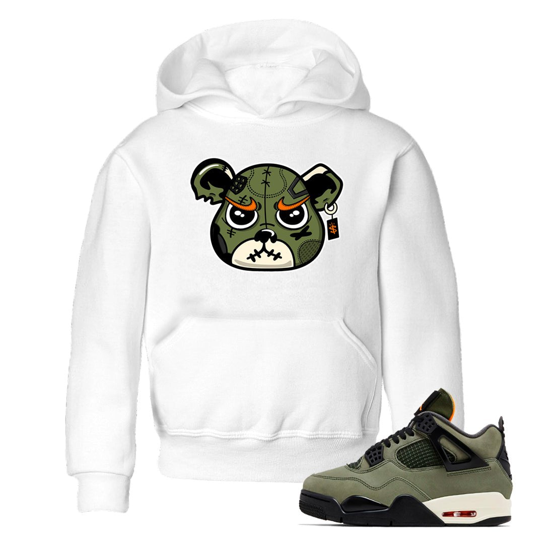 Sneaker match tees – Sneaker Tees To Match Undefeated inspired colorways Air Jordan 4 OG Olive Shoes – Sneaker Bear Face Kids T-Shirt White 1