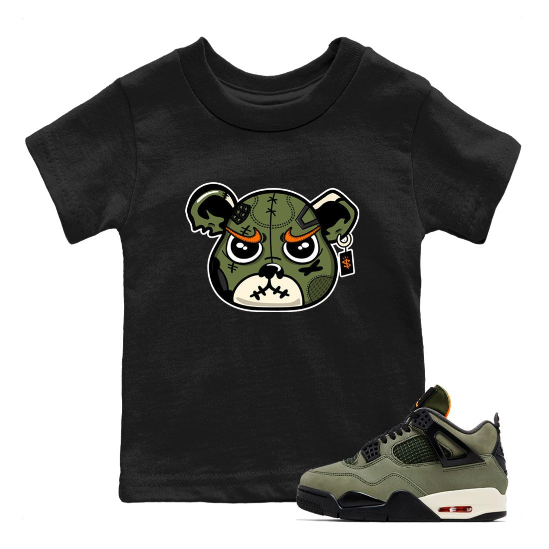 Sneaker match tees – Sneaker Tees To Match Undefeated inspired colorways Air Jordan 4 OG Olive Shoes – Sneaker Bear Face Kids T-Shirt Black 1