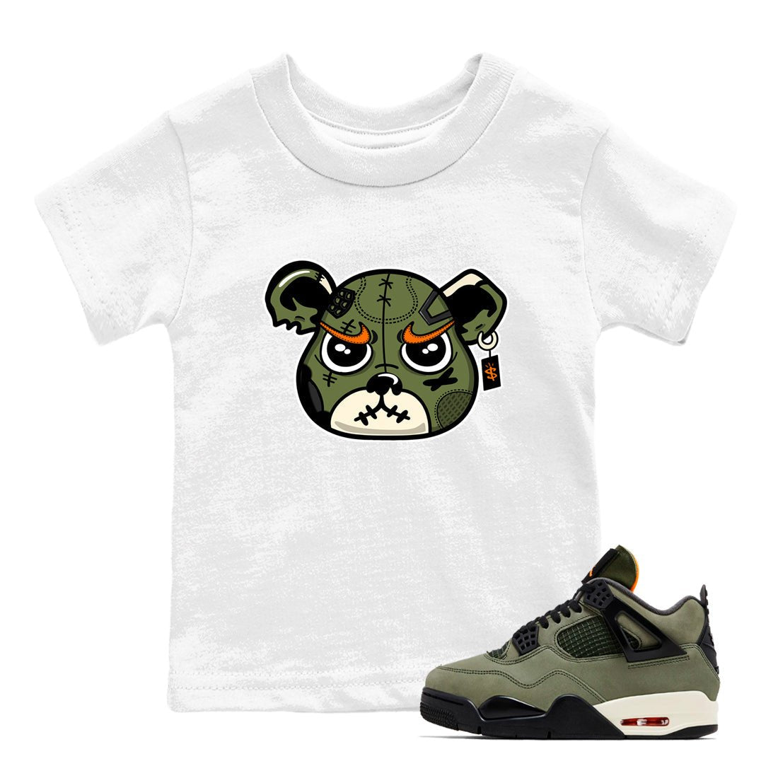 Sneaker match tees – Sneaker Tees To Match Undefeated inspired colorways Air Jordan 4 OG Olive Shoes – Sneaker Bear Face Kids T-Shirt White 1