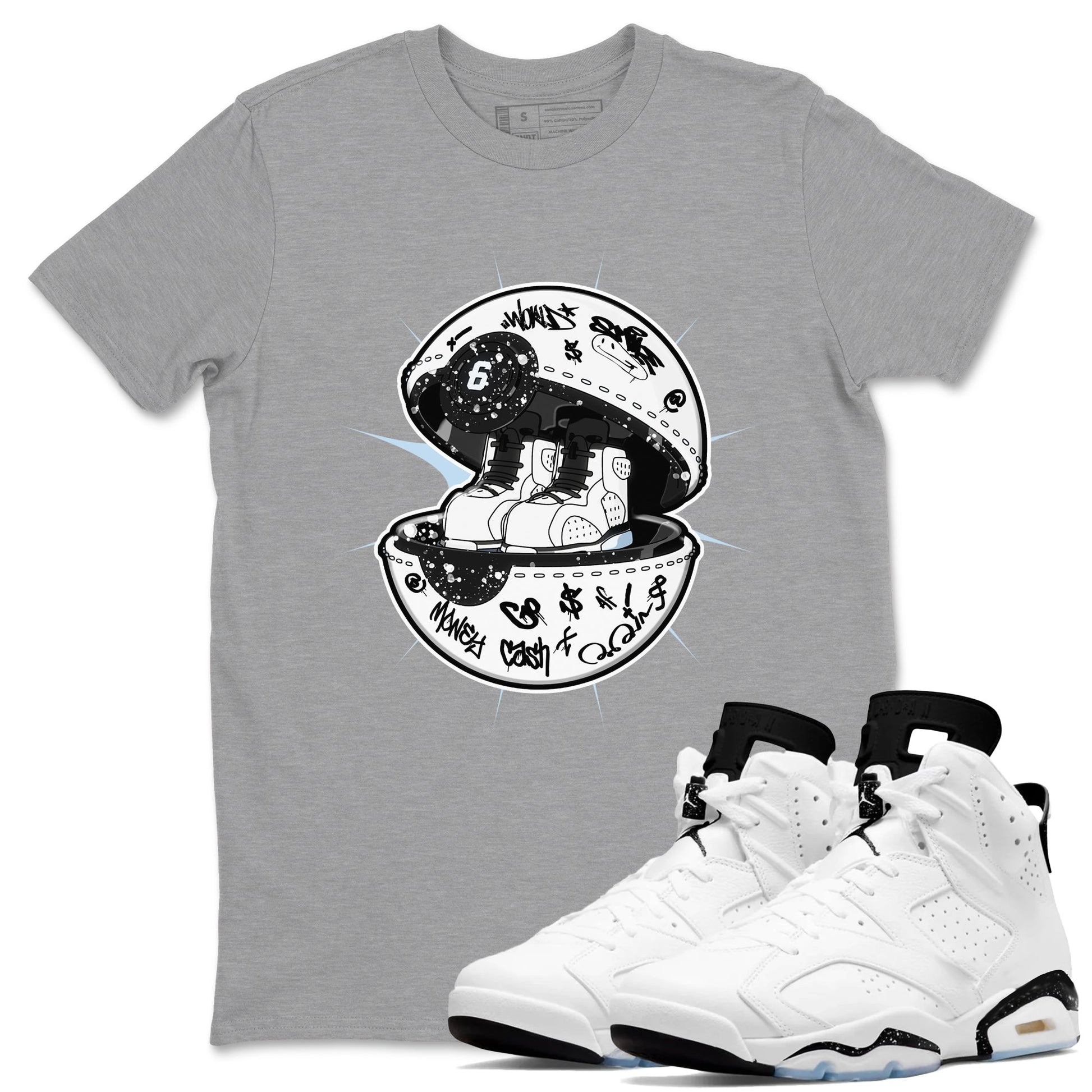AJ6 White Black shirts to match jordans Sneaker Capsule sneaker match tees Air Jordan 6 White Black SNRT Sneaker Tees streetwear brand Heather Grey 1 unisex cotton tee