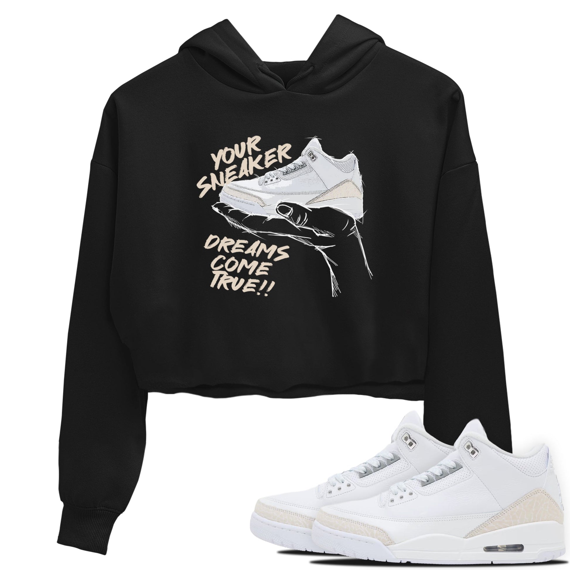 Sneaker Dreams womens crop tee made to vibe with the Air Jordan 3 Pure Money sneakers — the perfect match in Black 1.