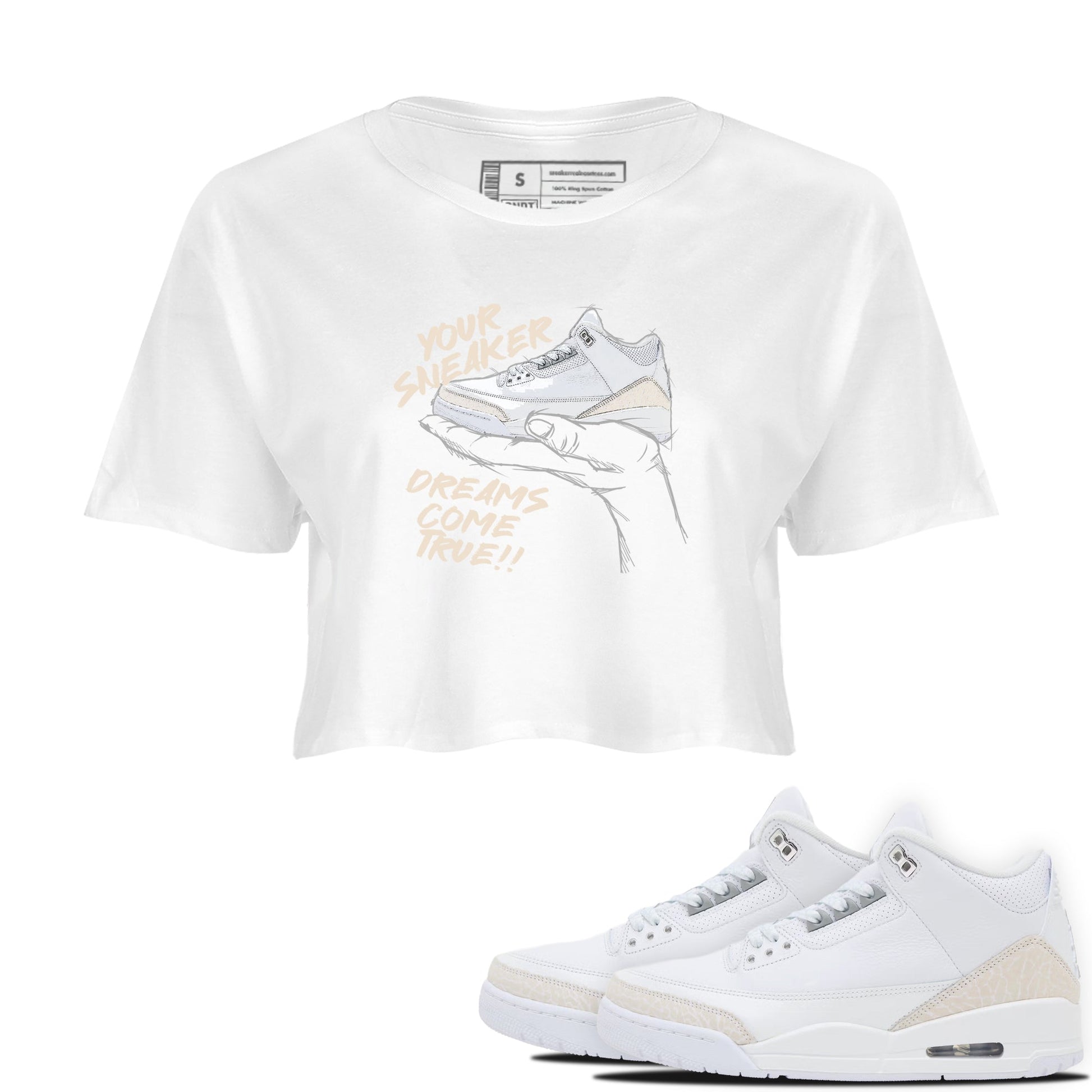 Sneaker Dreams womens crop tee made to vibe with the Air Jordan 3 Pure Money sneakers — the perfect match in White 1.