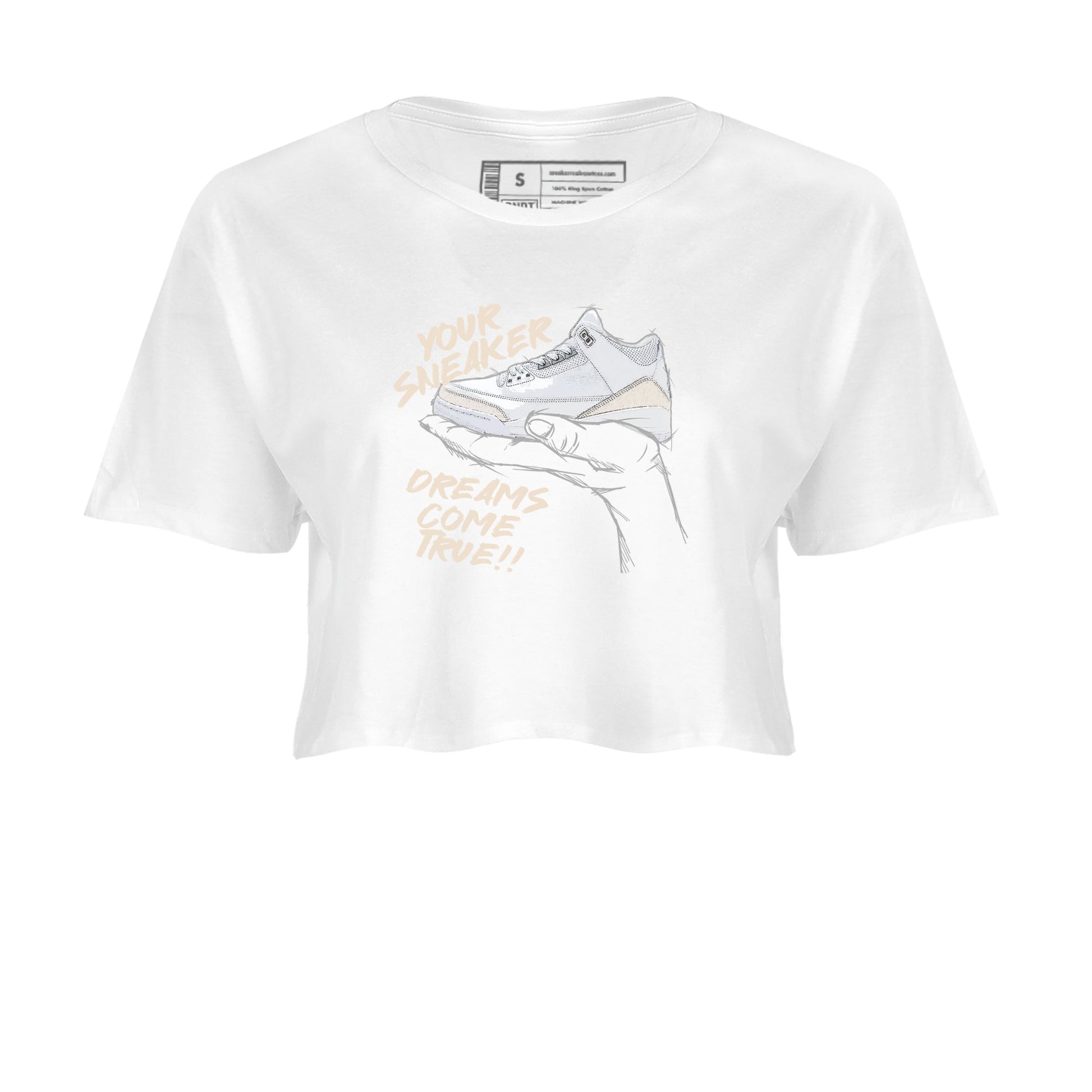 Sneaker Dreams womens crop tee made to vibe with the Air Jordan 3 Pure Money sneakers — the perfect match in White 2.