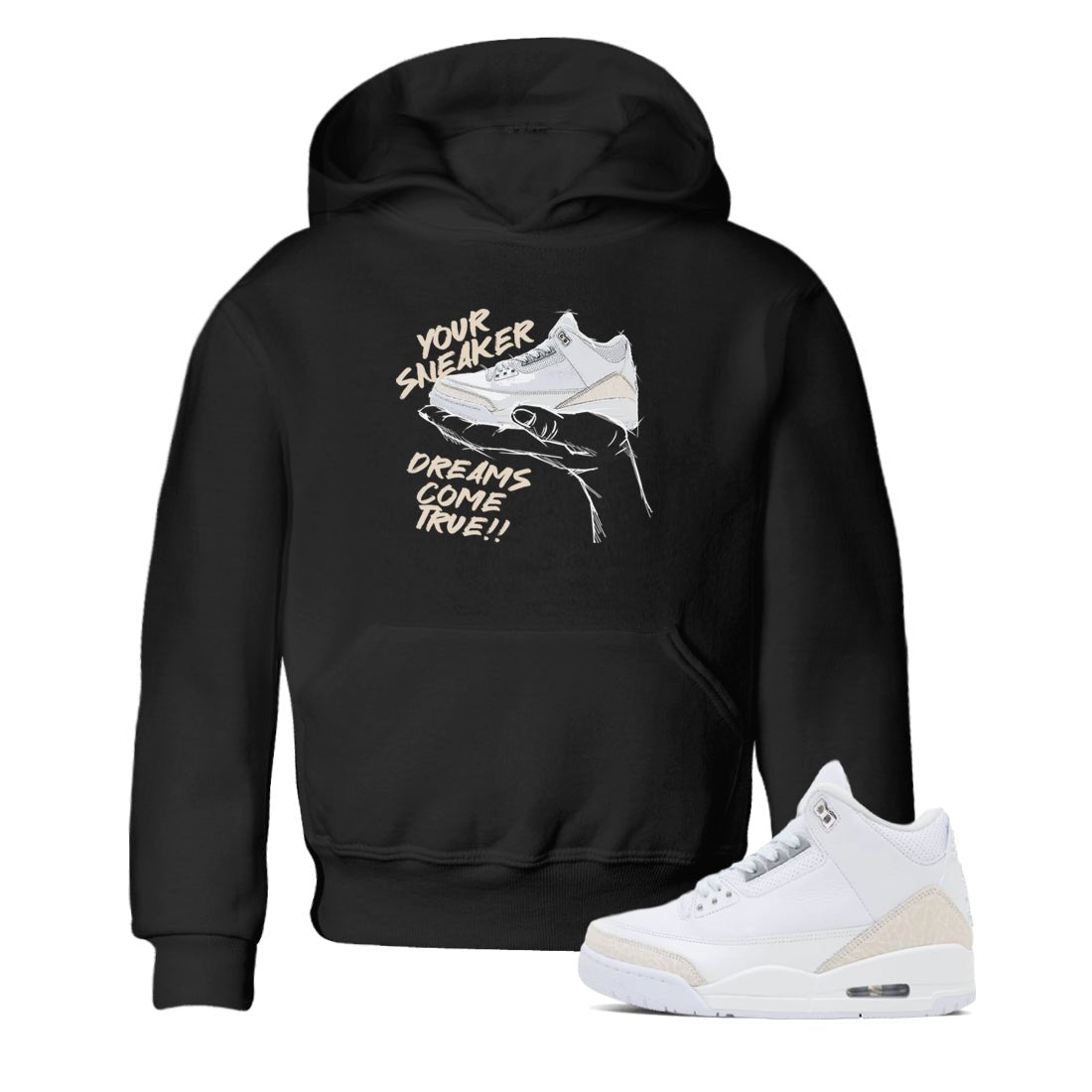 Sneaker Dreams baby and kids t-shirt crafted for little sneakerheads to shine with the Air Jordan 3 Pure Money sneakers, displayed in Black 1.