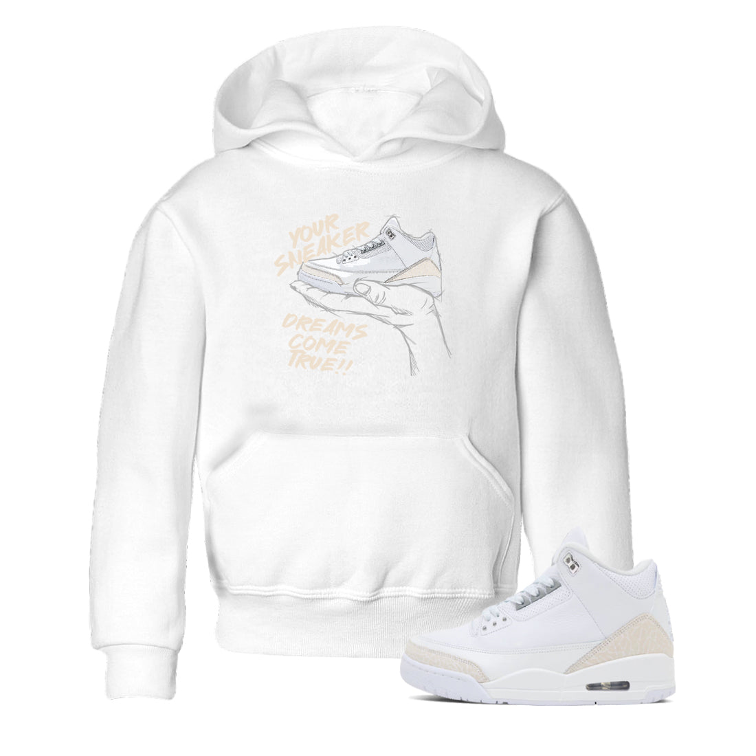 Sneaker Dreams baby and kids t-shirt crafted for little sneakerheads to shine with the Air Jordan 3 Pure Money sneakers, displayed in White 1.