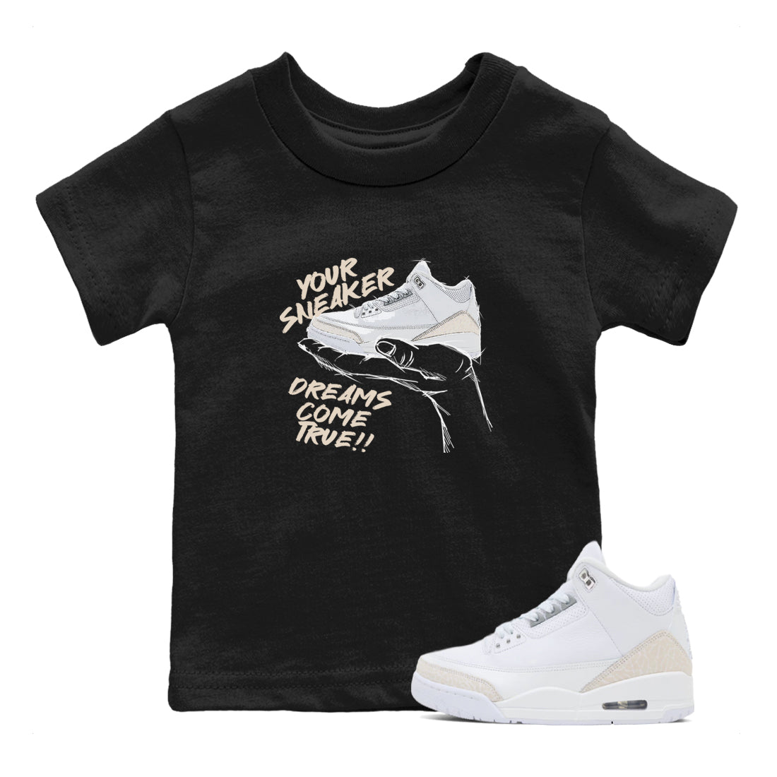 Sneaker Dreams baby and kids t-shirt crafted for little sneakerheads to shine with the Air Jordan 3 Pure Money sneakers, displayed in Black 1.