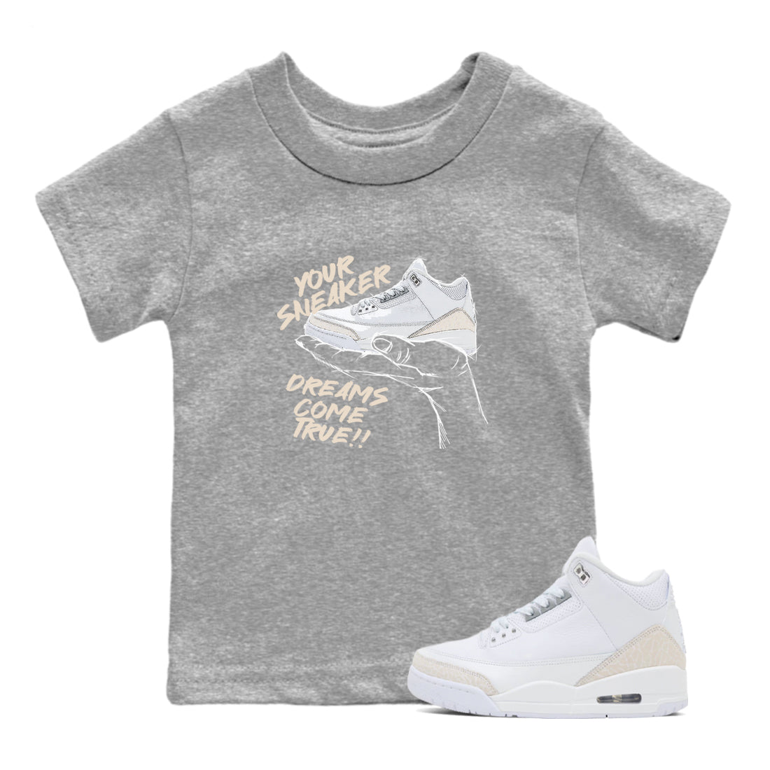 Sneaker Dreams baby and kids t-shirt crafted for little sneakerheads to shine with the Air Jordan 3 Pure Money sneakers, displayed in Heather Grey 1.