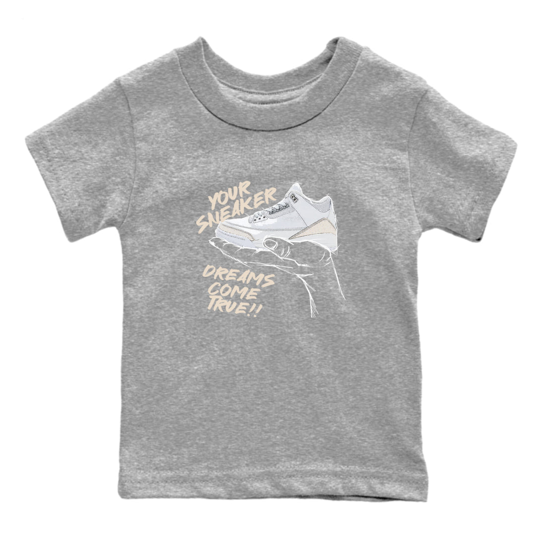 Sneaker Dreams baby and kids t-shirt crafted for little sneakerheads to shine with the Air Jordan 3 Pure Money sneakers, displayed in Heather Grey 2.