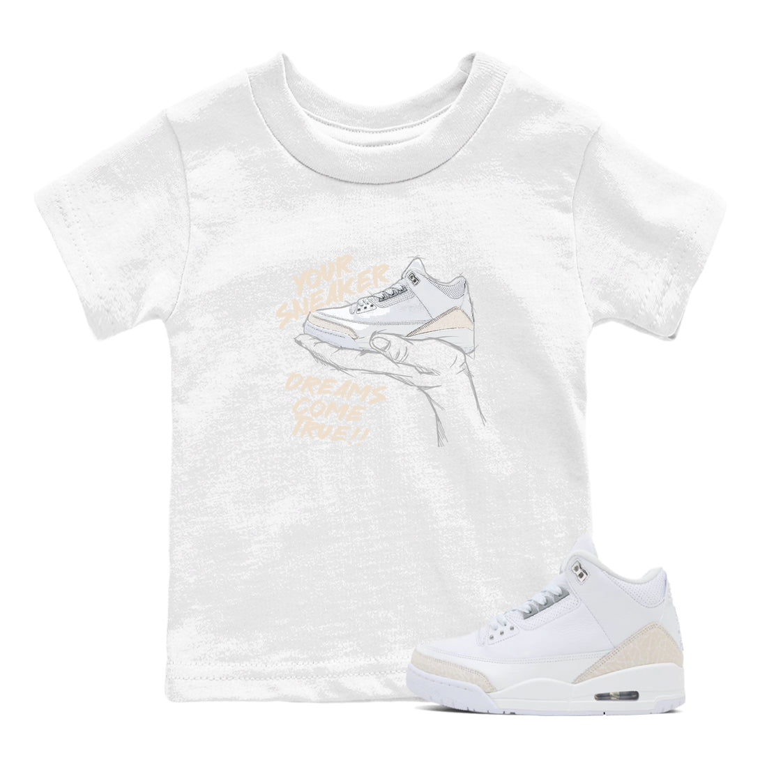 Sneaker Dreams baby and kids t-shirt crafted for little sneakerheads to shine with the Air Jordan 3 Pure Money sneakers, displayed in White 1.
