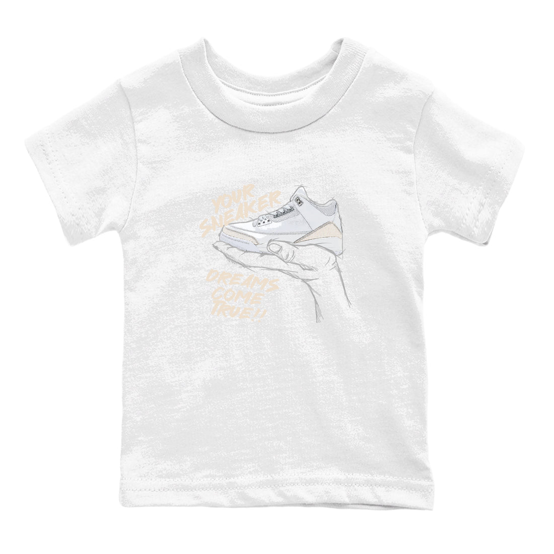 Sneaker Dreams baby and kids t-shirt crafted for little sneakerheads to shine with the Air Jordan 3 Pure Money sneakers, displayed in White 2.