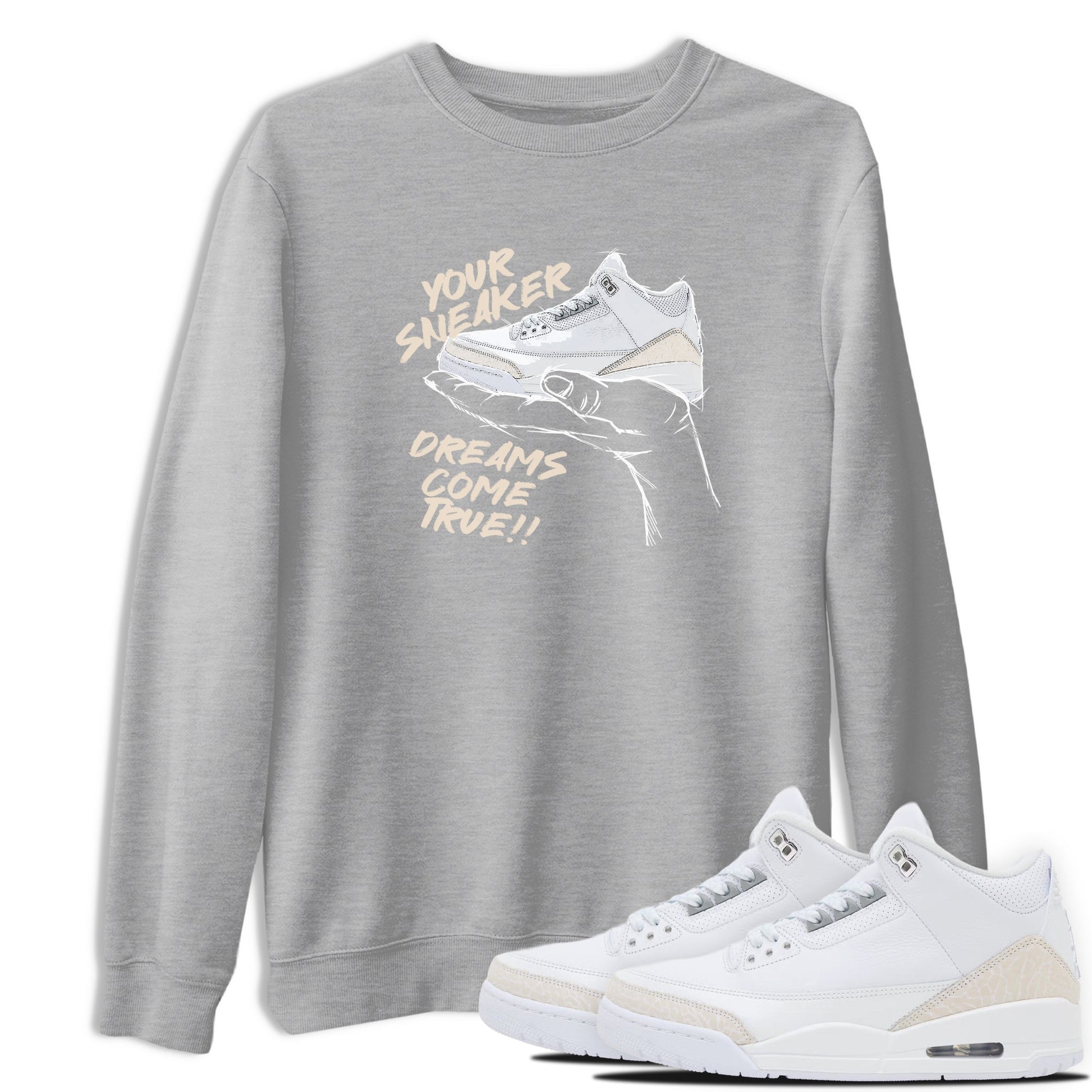 Sneaker Dreams sneaker match t-shirt styled to complete your fit with the Air Jordan 3 Pure Money sneakers, shown in Heather Grey 1.