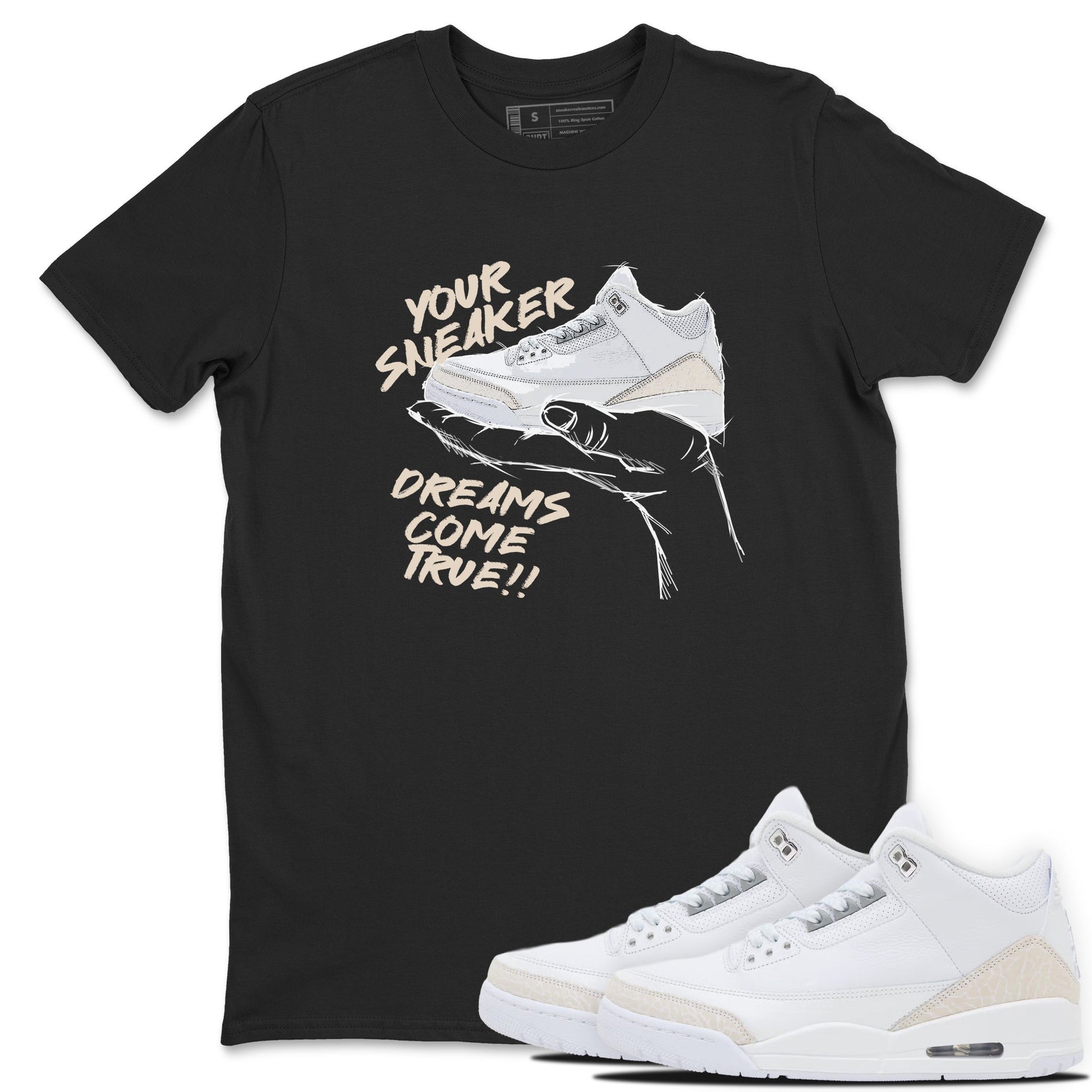 Sneaker Dreams sneaker match t-shirt styled to complete your fit with the Air Jordan 3 Pure Money sneakers, shown in Black 1.