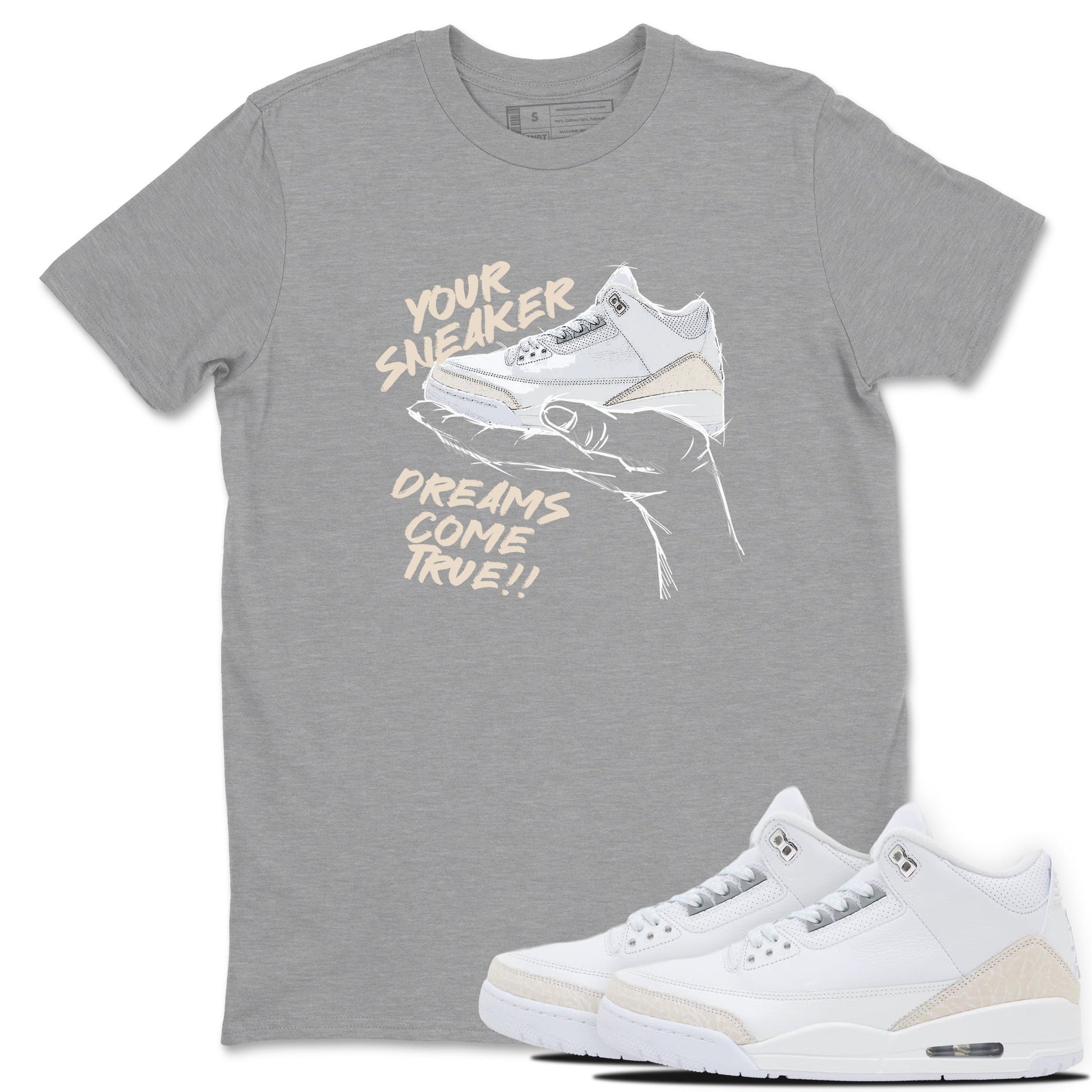 Sneaker Dreams sneaker match t-shirt styled to complete your fit with the Air Jordan 3 Pure Money sneakers, shown in Heather Grey 1.
