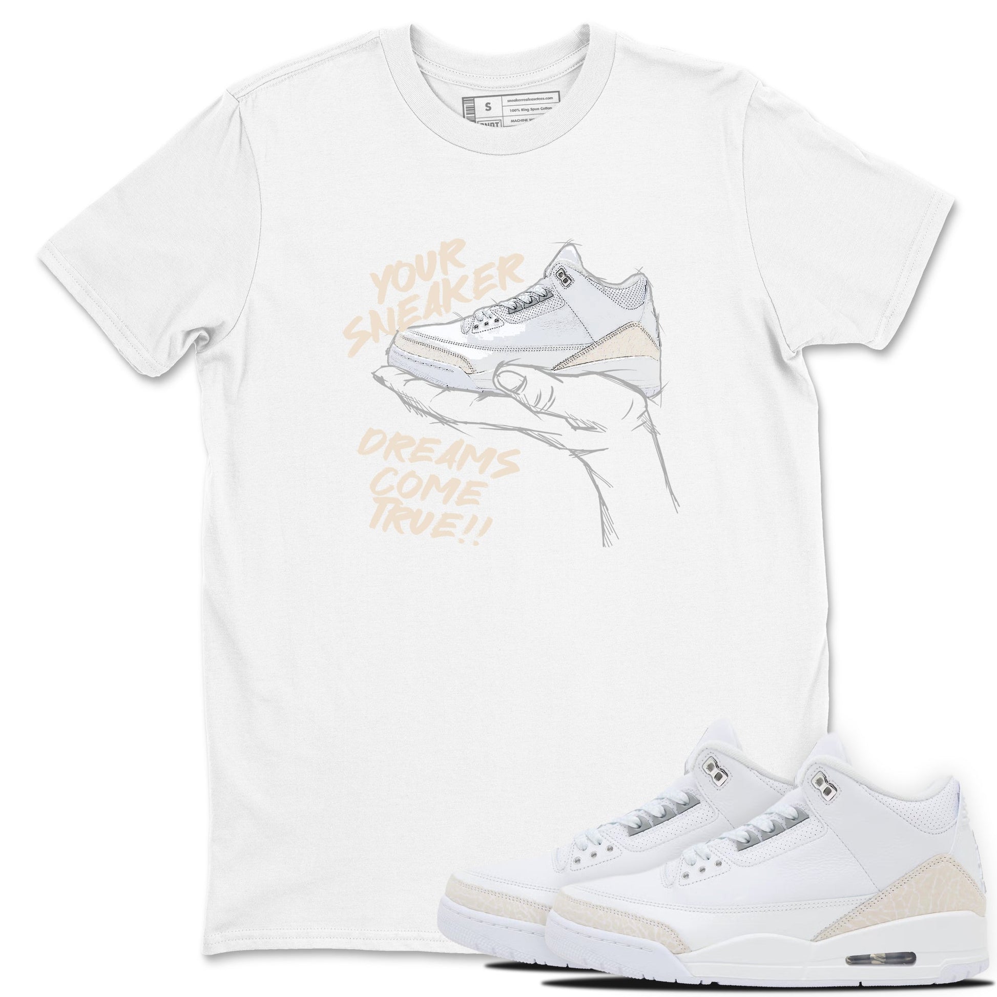 Sneaker Dreams sneaker match t-shirt styled to complete your fit with the Air Jordan 3 Pure Money sneakers, shown in White 1.