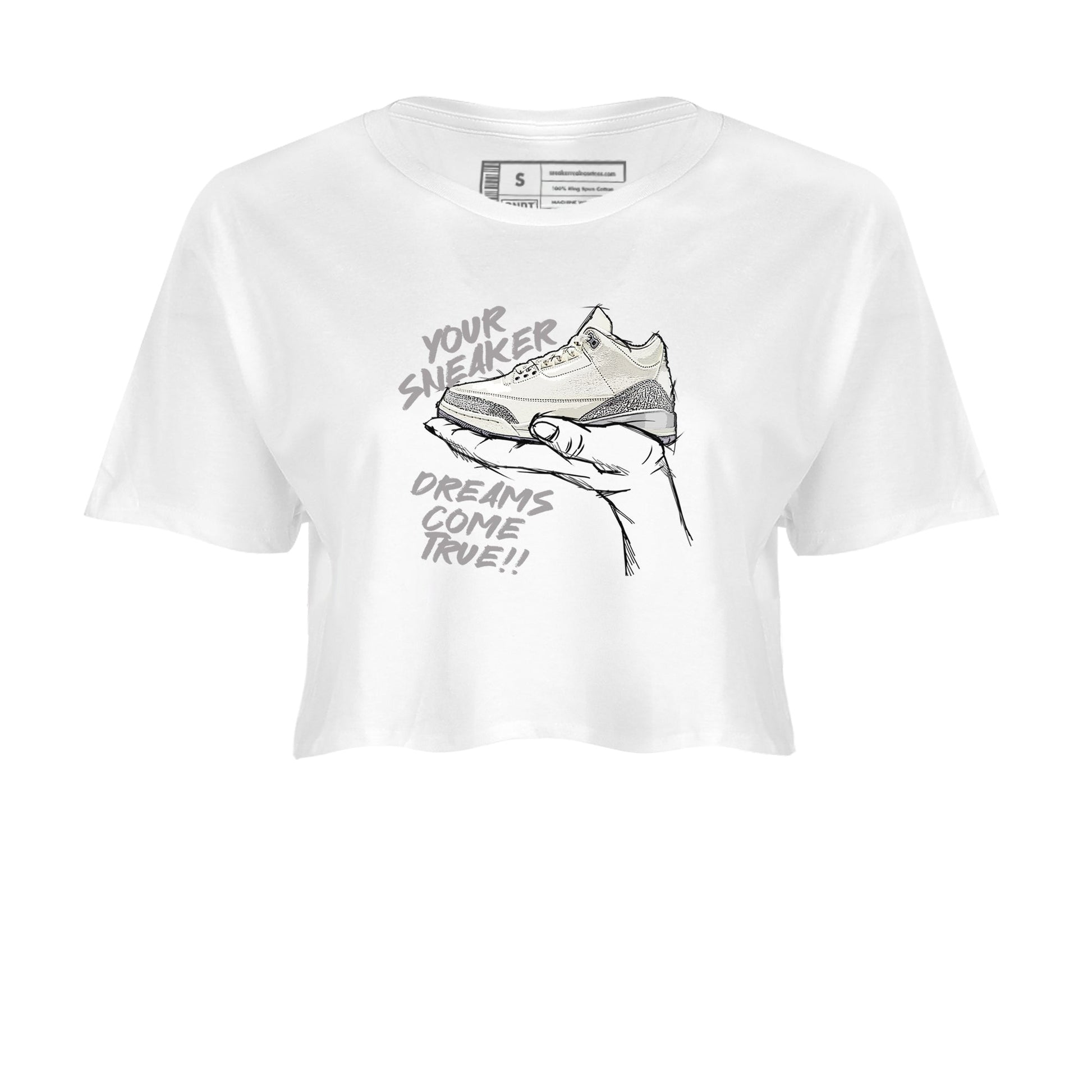 3s Sail and Cement Grey shirts to match jordans Sneaker Dreams sneaker match tees Air Jordan 3 Retro Sail and Cement Grey match shoes to clothes SNRT Sneaker Tees unisex cotton White 2 crop tee