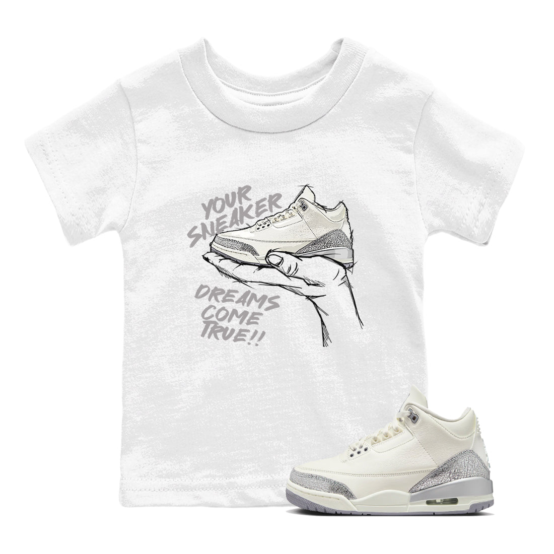 3s Sail and Cement Grey shirts to match jordans Sneaker Dreams sneaker match tees Air Jordan 3 Retro Sail and Cement Grey match shoes to clothes SNRT Sneaker Tees Youth Baby White 1 tee