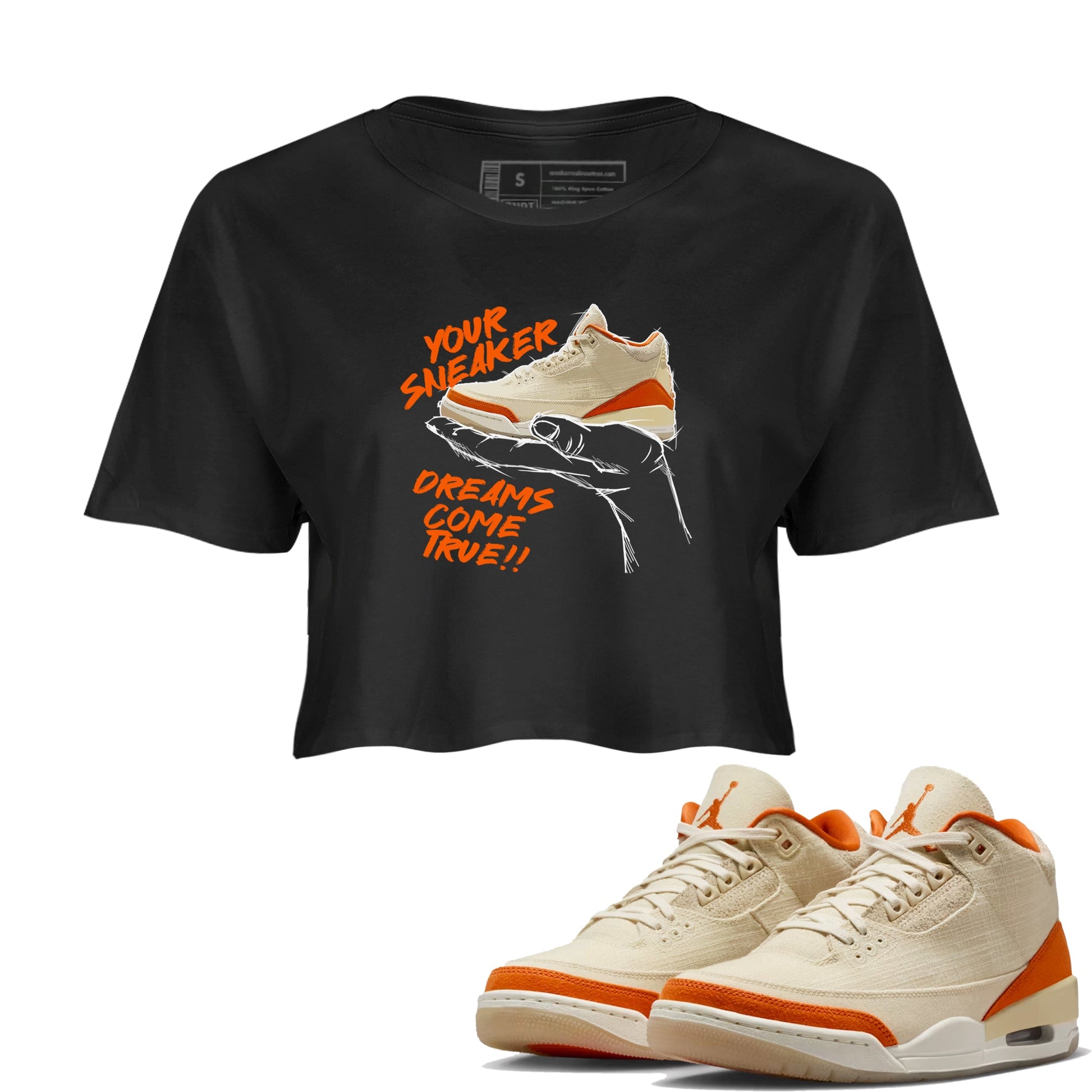 Sneaker Dreams womens crop tee made to vibe with the Air Jordan 3 Starfish sneakers — the perfect match in Black 1.
