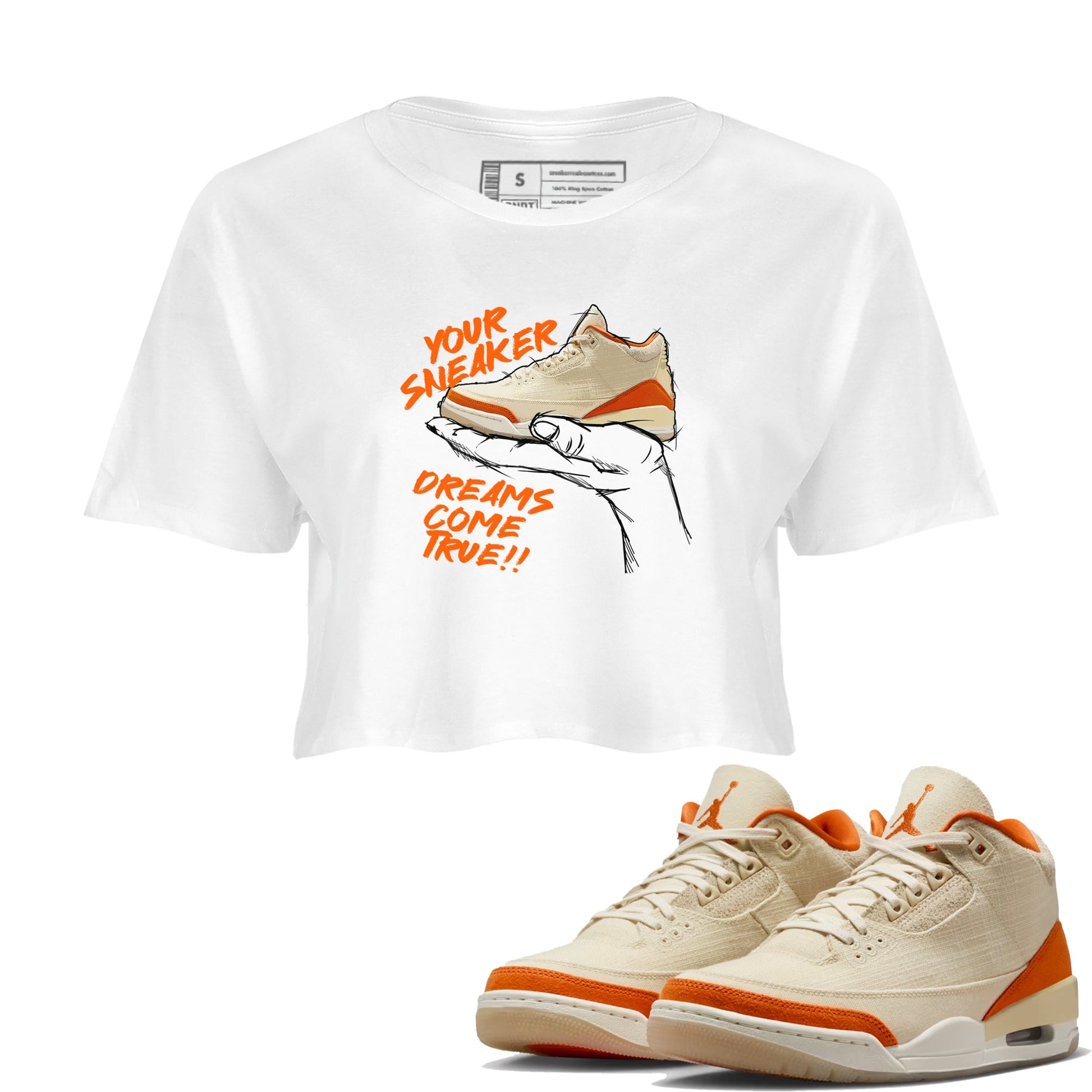 Sneaker Dreams womens crop tee made to vibe with the Air Jordan 3 Starfish sneakers — the perfect match in White 1.