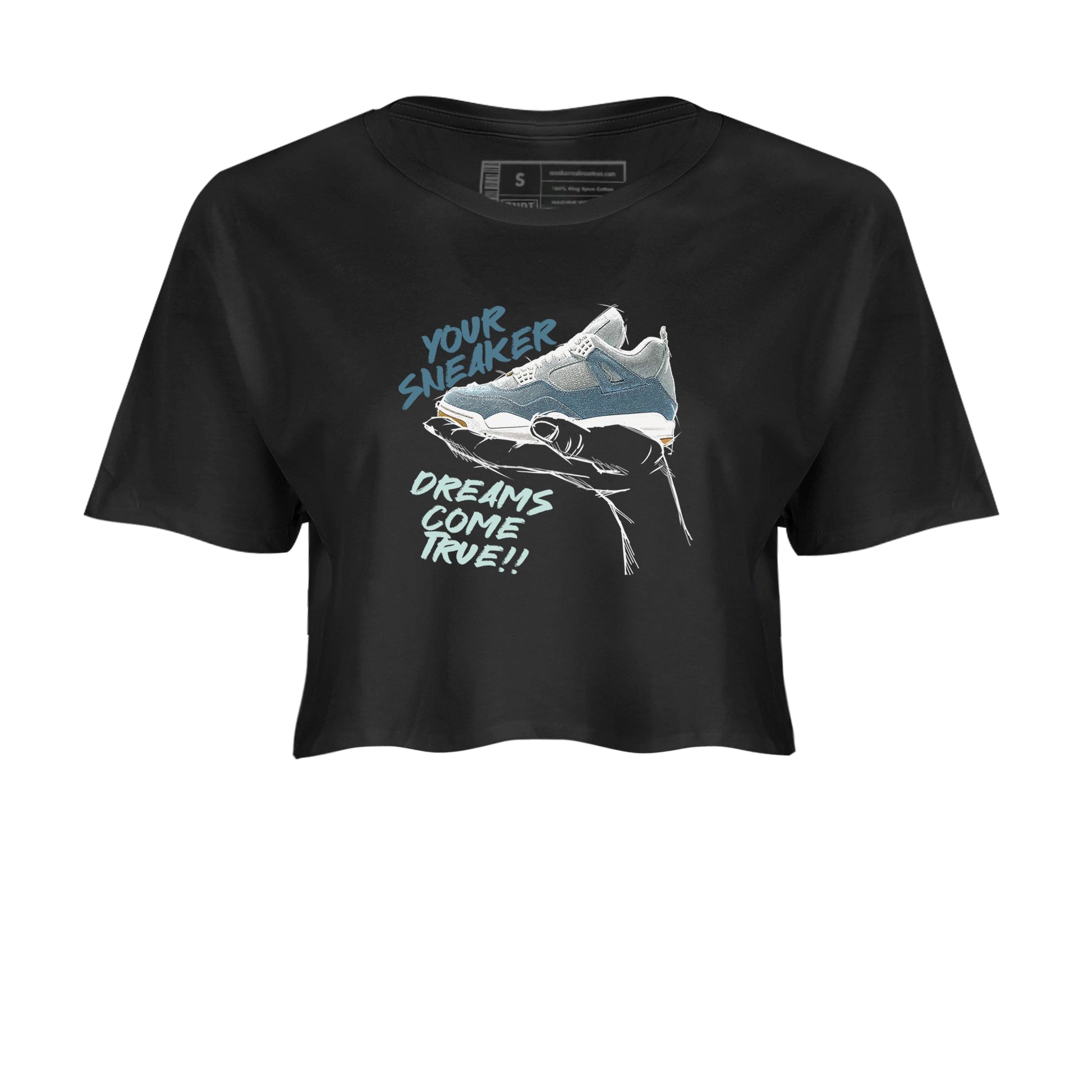 Sneaker match tees – Sneaker Tees To Match 4s Worn Blue Air Jordan 4 Denim Shoes – Sneaker Dreams Crop T-Shirt Black 2