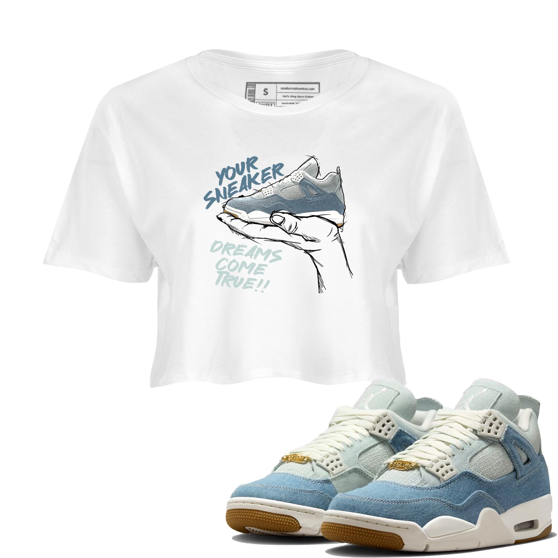 Sneaker match tees – Sneaker Tees To Match 4s Worn Blue Air Jordan 4 Denim Shoes – Sneaker Dreams Crop T-Shirt White 1