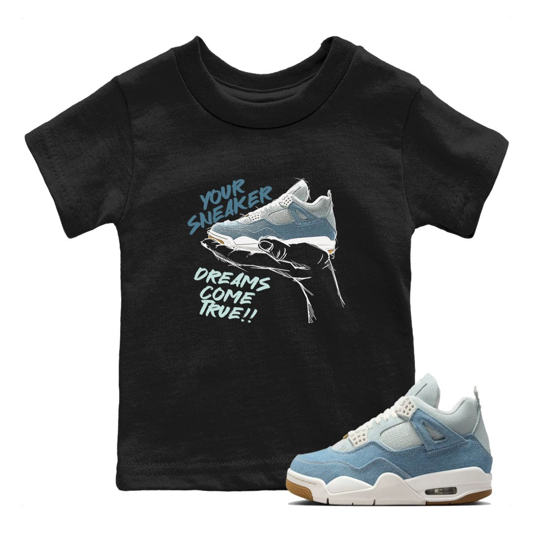 Sneaker match tees – Sneaker Tees To Match 4s Worn Blue Air Jordan 4 Denim Shoes – Sneaker Dreams Kids T-Shirt Black 1