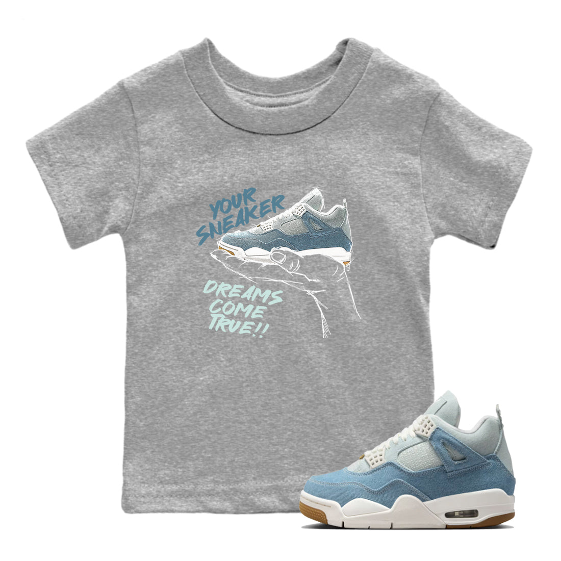 Sneaker match tees – Sneaker Tees To Match 4s Worn Blue Air Jordan 4 Denim Shoes – Sneaker Dreams Kids T-Shirt Heather Grey 1