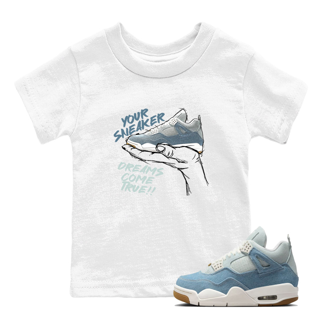 Sneaker match tees – Sneaker Tees To Match 4s Worn Blue Air Jordan 4 Denim Shoes – Sneaker Dreams Kids T-Shirt White 1