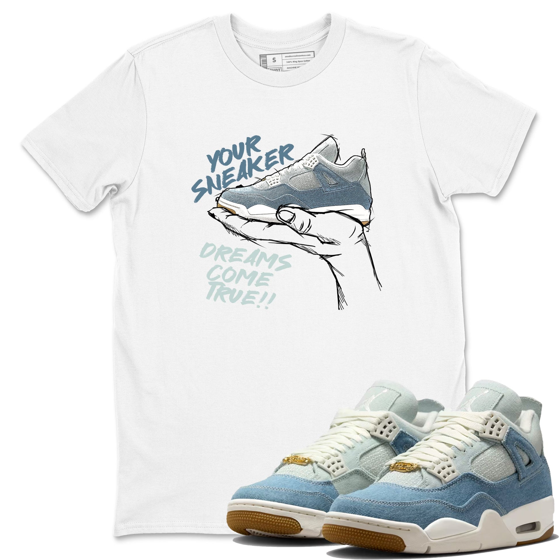 Sneaker match tees – Sneaker Tees To Match 4s Worn Blue Air Jordan 4 Denim Shoes – Sneaker Dreams Tee White 1