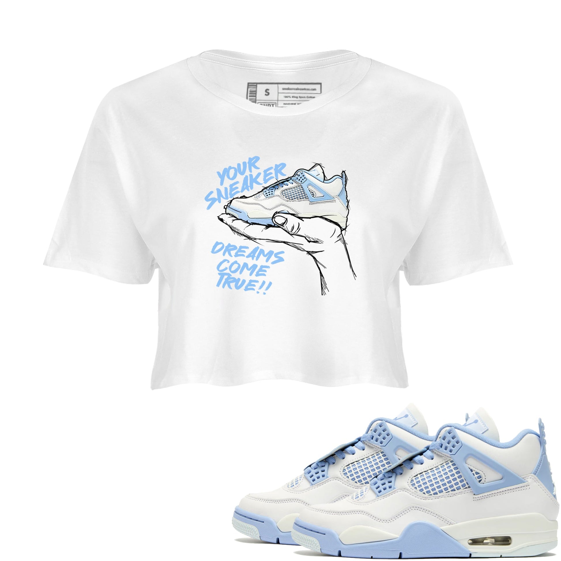 4s Forget Me Not shirts to match jordans Sneaker Dreams sneaker match tees Air Jordan 4 Retro Forget Me Not match shoes to clothes SNRT Sneaker Tees unisex cotton White 1 crop tee