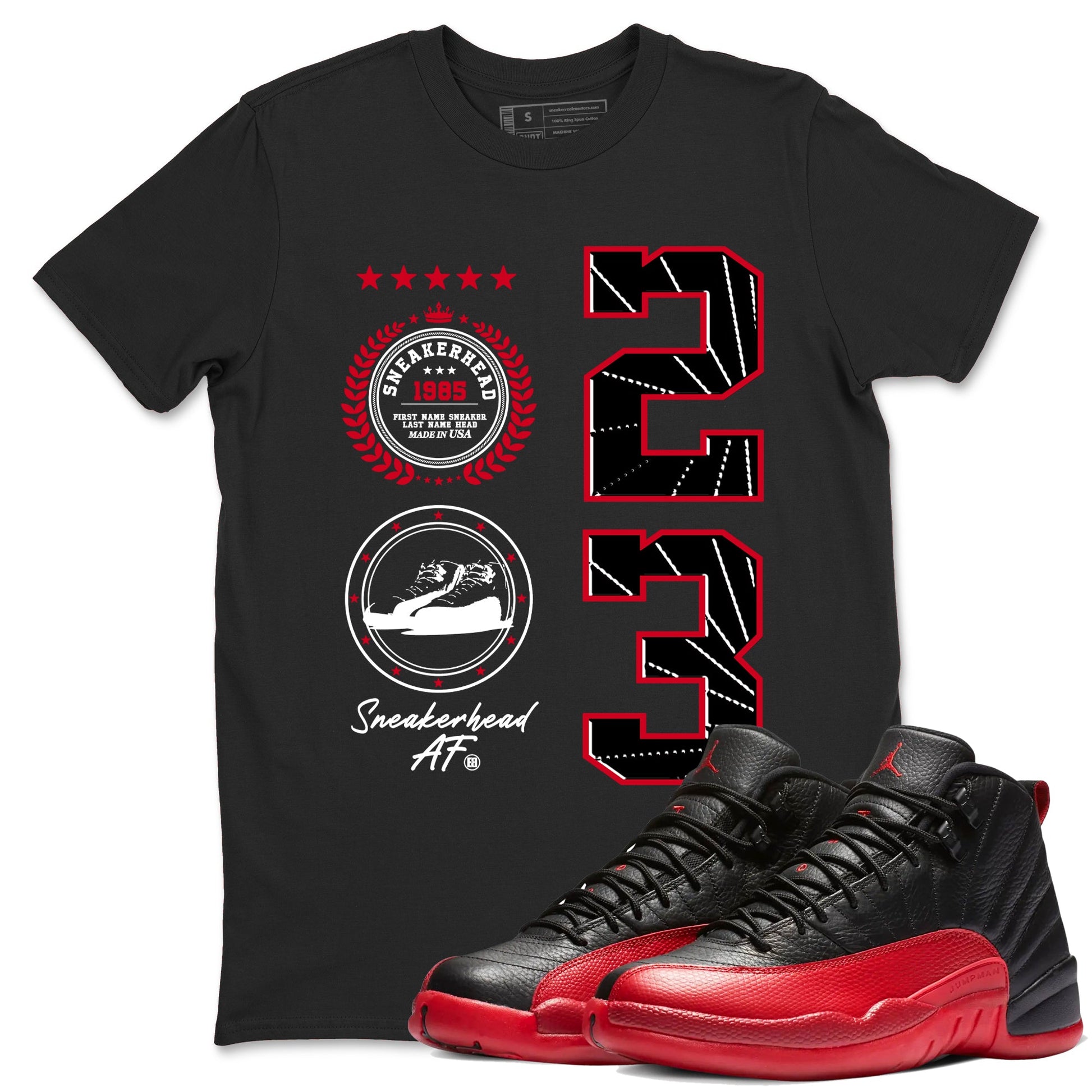 12s Flu Game shirts to match jordans Sneaker Emblem best t shirts to wear with jordans AJ12 Retro Flu Game match shoes to clothes SNRT Sneaker Tees unisex cotton Black 1 shirts