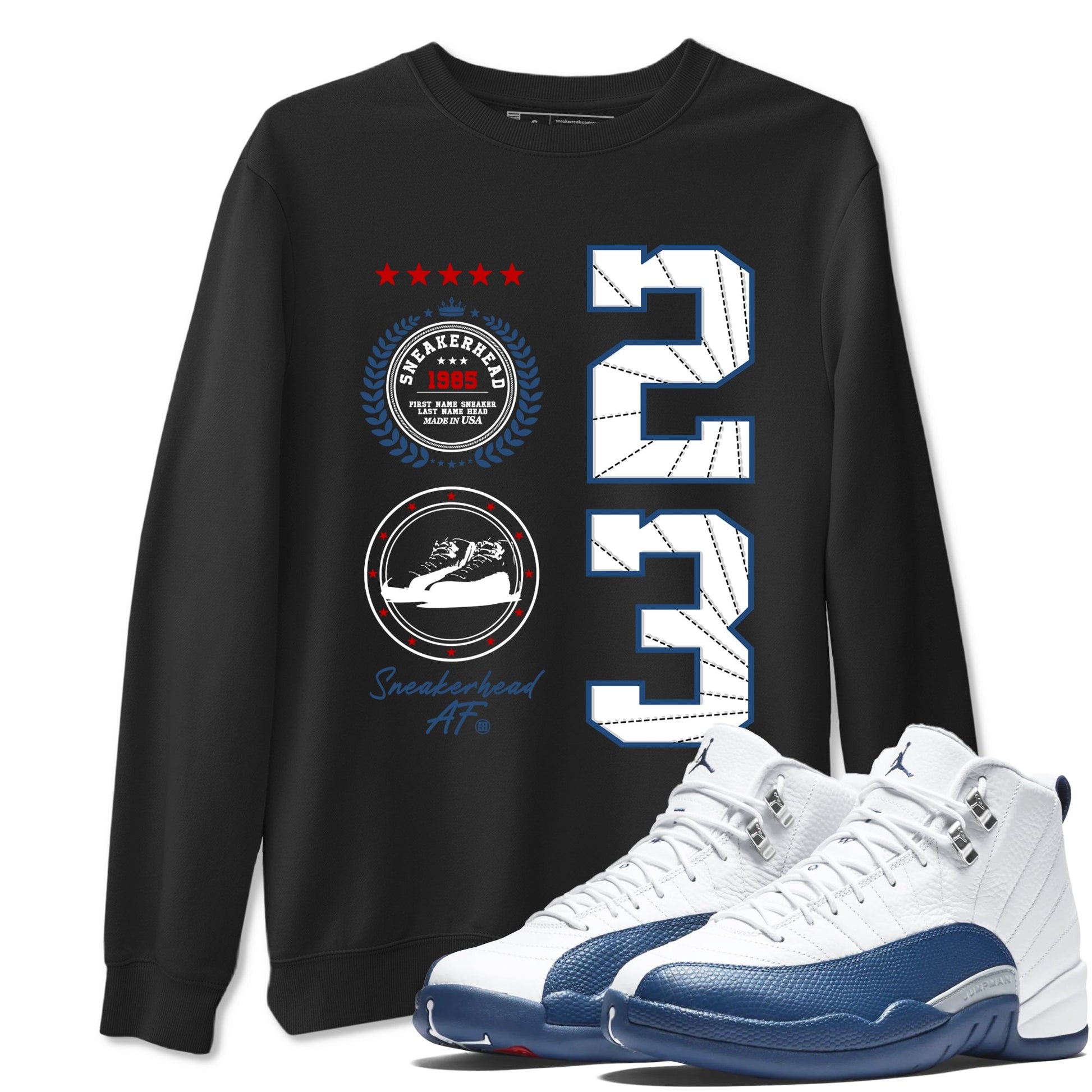 Sneaker Emblem sneaker match t-shirt styled to complete your fit with the Air Jordan 12 French Blue sneakers, graphic shirts in Black 1.