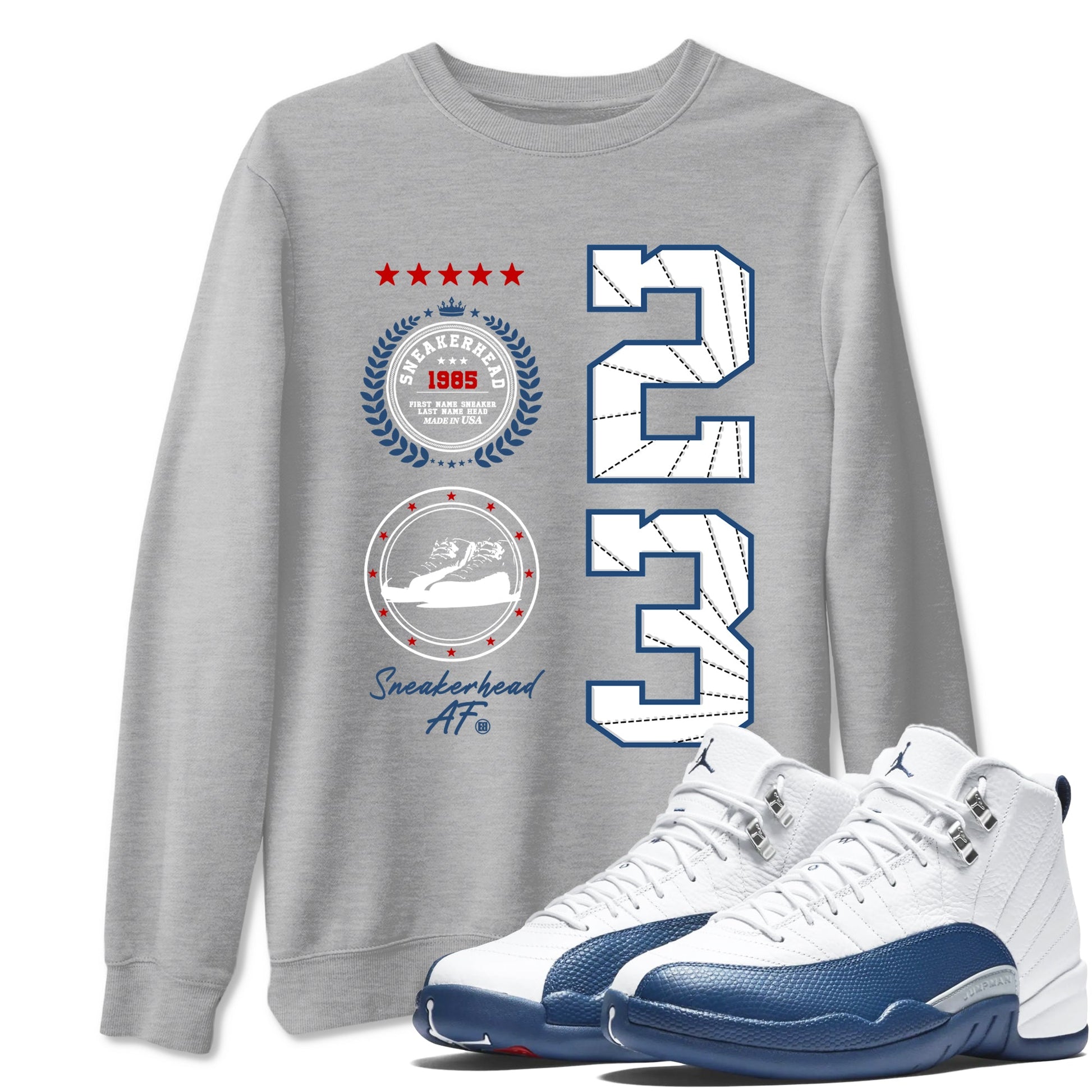 Sneaker Emblem sneaker match t-shirt styled to complete your fit with the Air Jordan 12 French Blue sneakers, graphic shirts in Heather Grey 1.