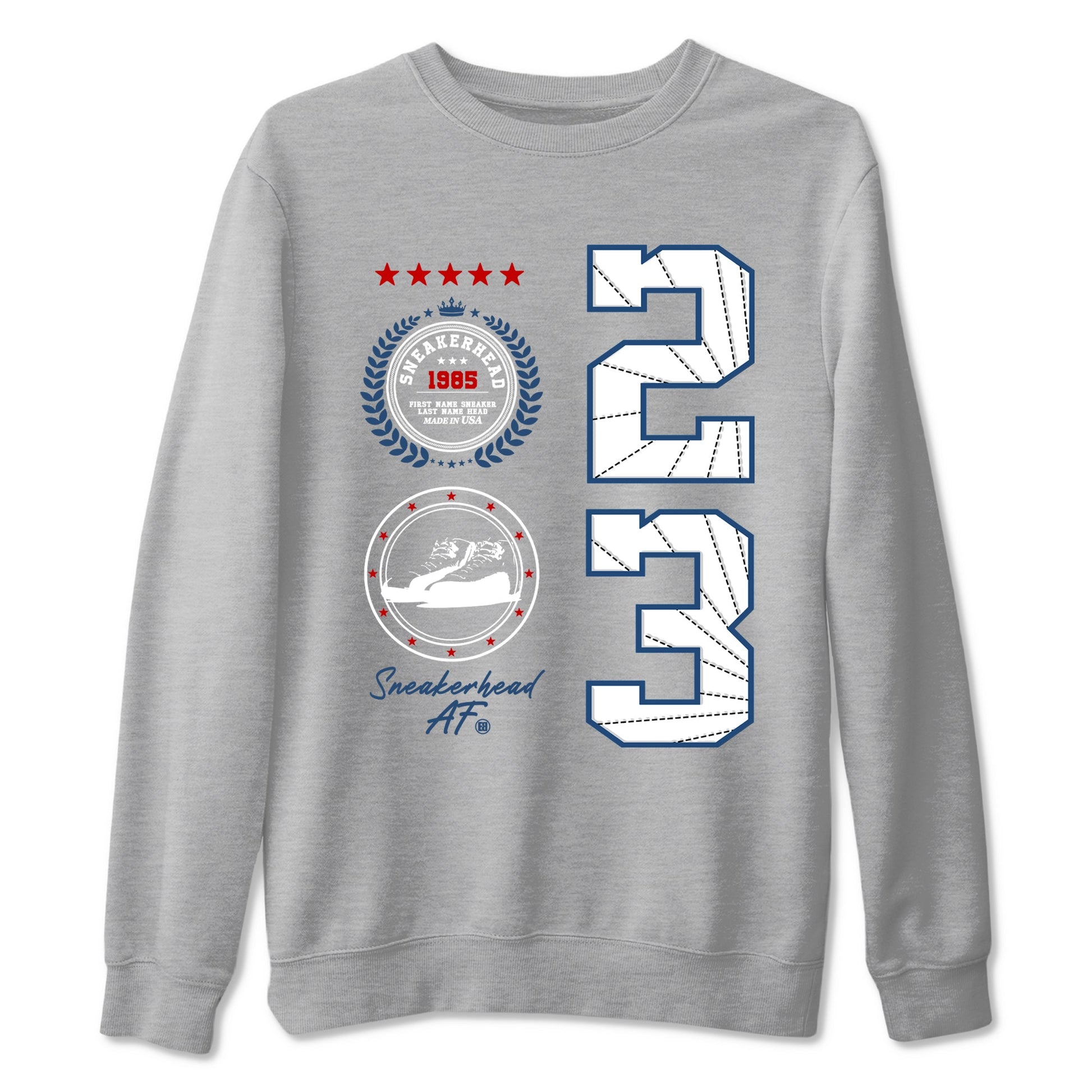 Sneaker Emblem sneaker match t-shirt styled to complete your fit with the Air Jordan 12 French Blue sneakers, graphic shirts in Heather Grey 2.
