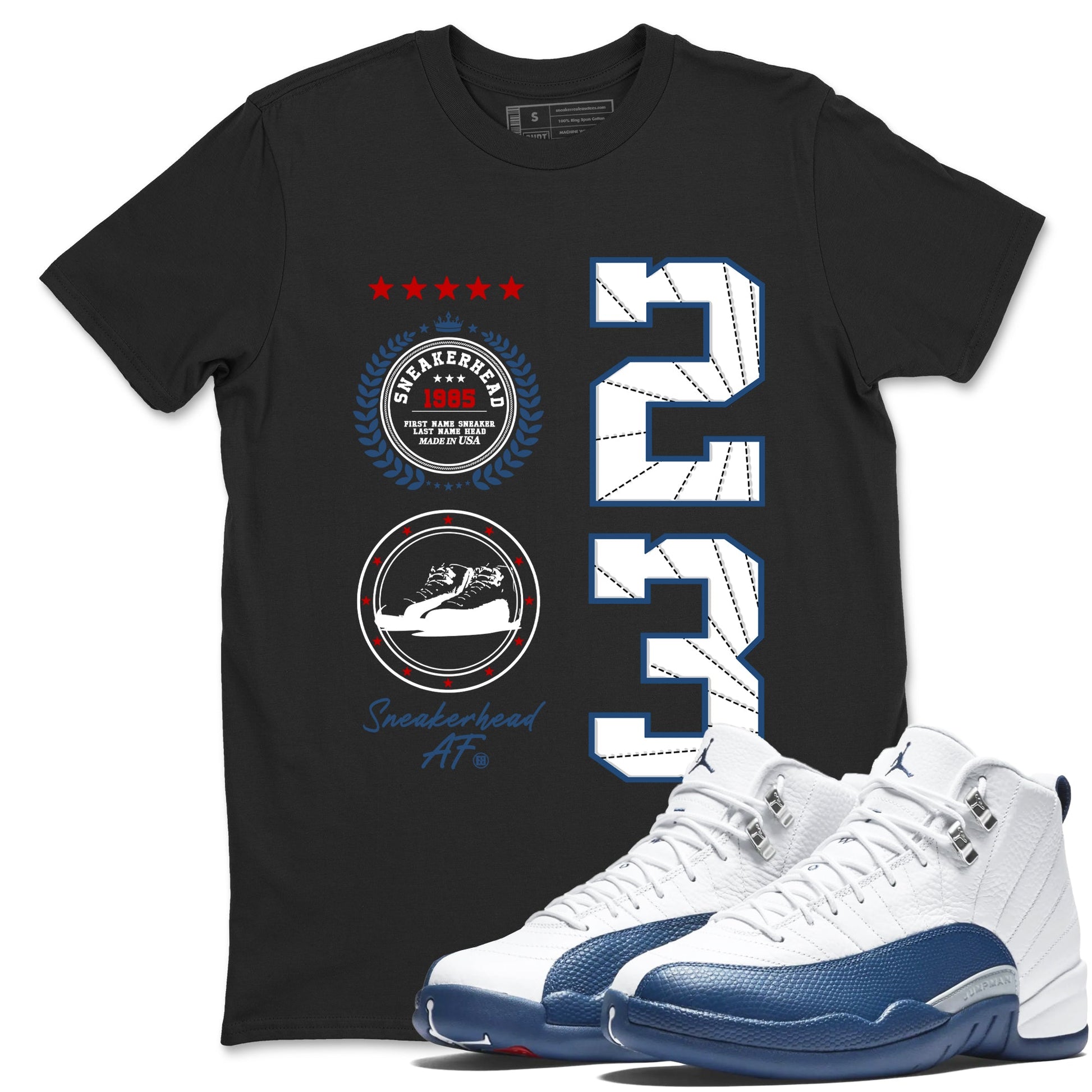 Sneaker Emblem sneaker match t-shirt styled to complete your fit with the Air Jordan 12 French Blue sneakers, graphic shirts in Black 1.