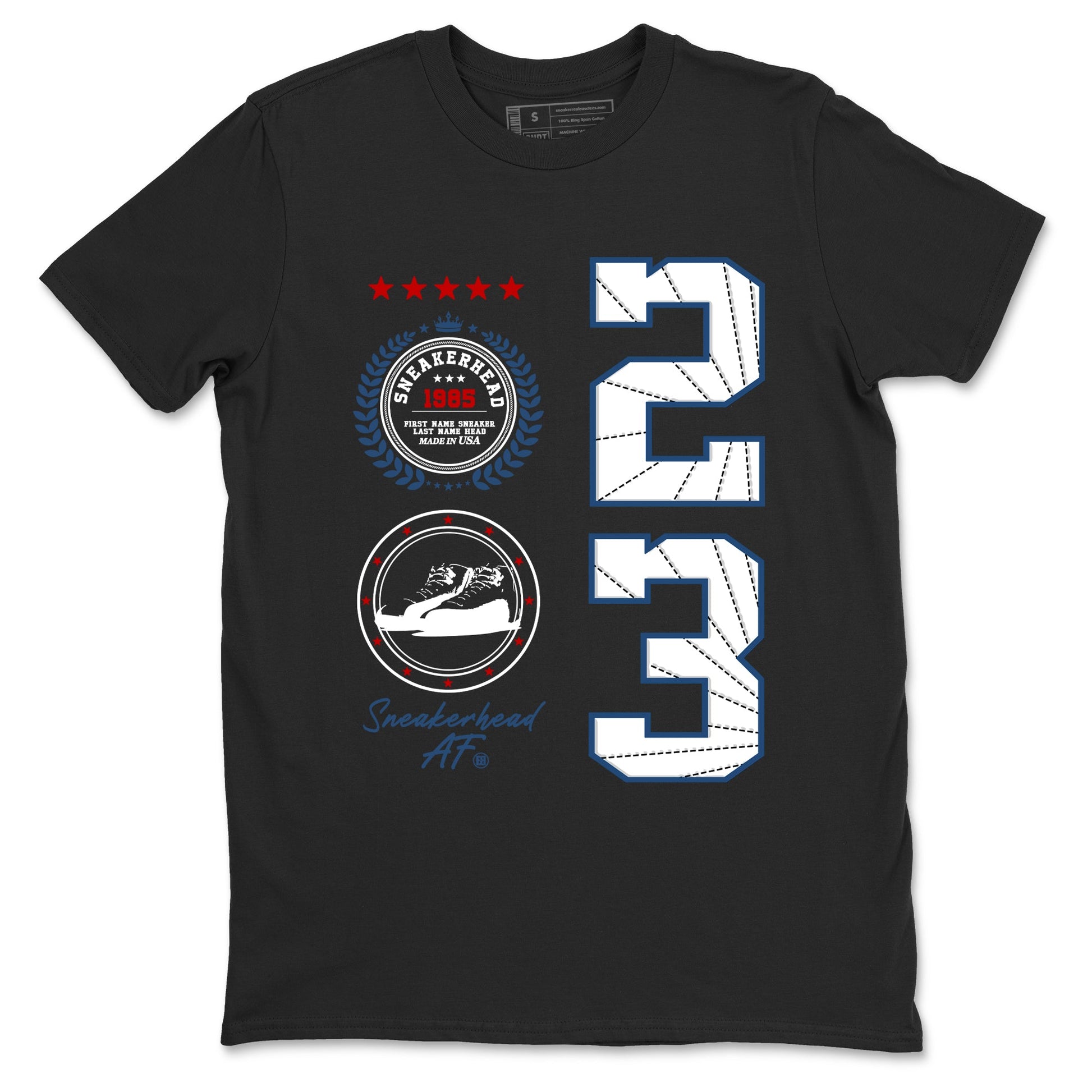 Sneaker Emblem sneaker match t-shirt styled to complete your fit with the Air Jordan 12 French Blue sneakers, graphic shirts in Black 2.