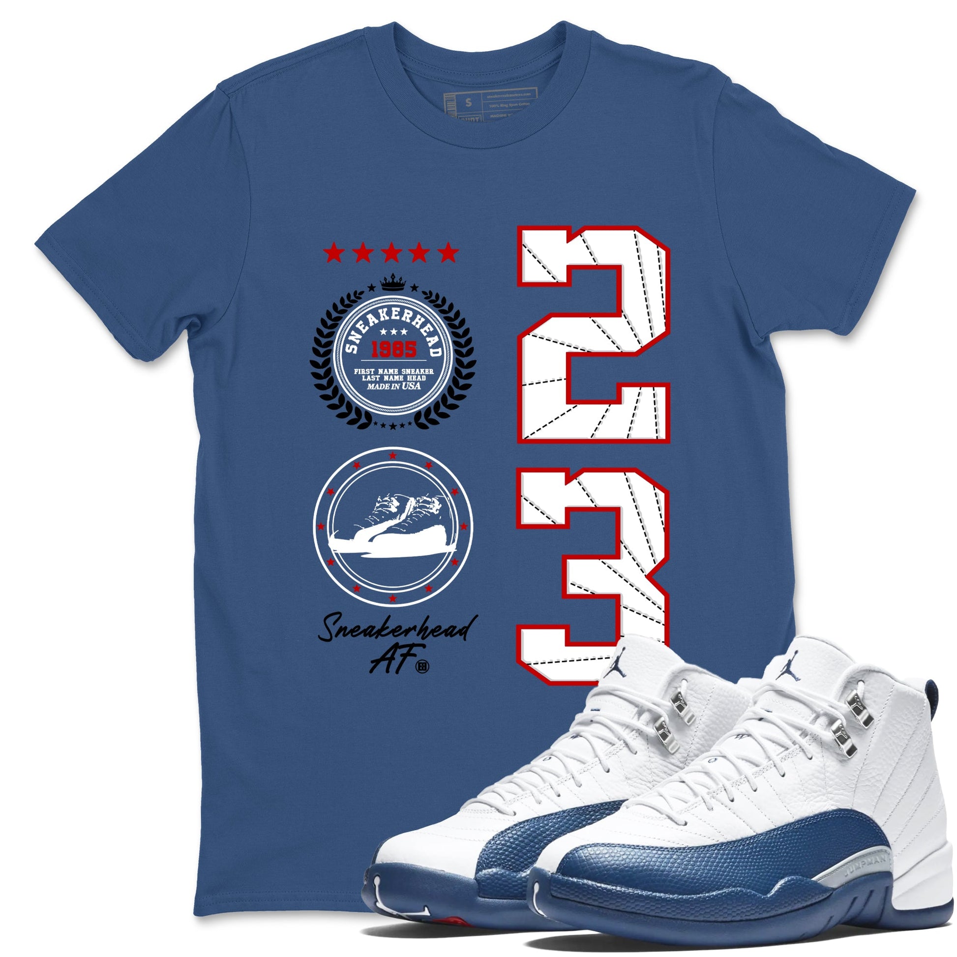 Sneaker Emblem sneaker match t-shirt styled to complete your fit with the Air Jordan 12 French Blue sneakers, graphic shirts in Denim Blue 1.