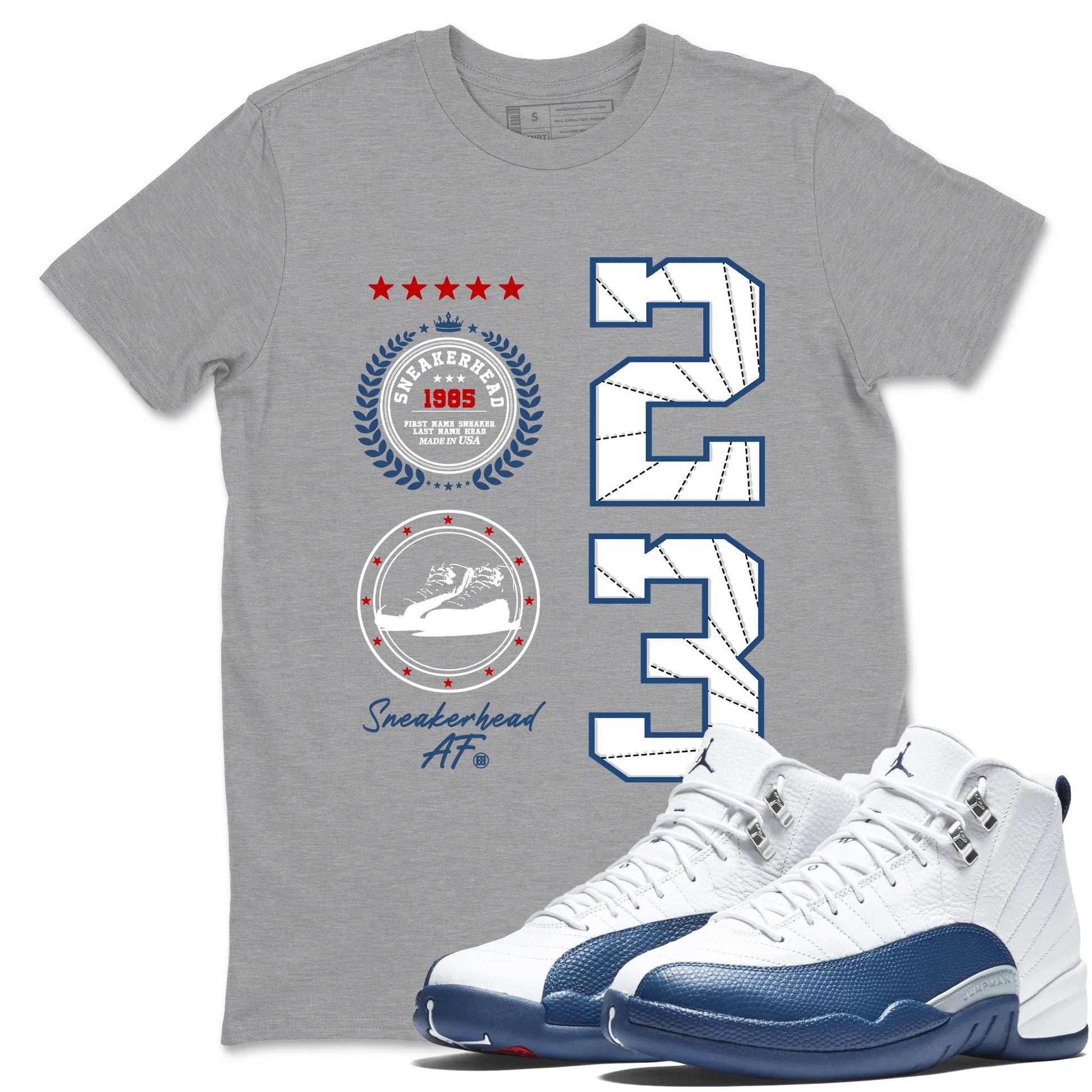Sneaker Emblem sneaker match t-shirt styled to complete your fit with the Air Jordan 12 French Blue sneakers, graphic shirts in Heather Grey 1.