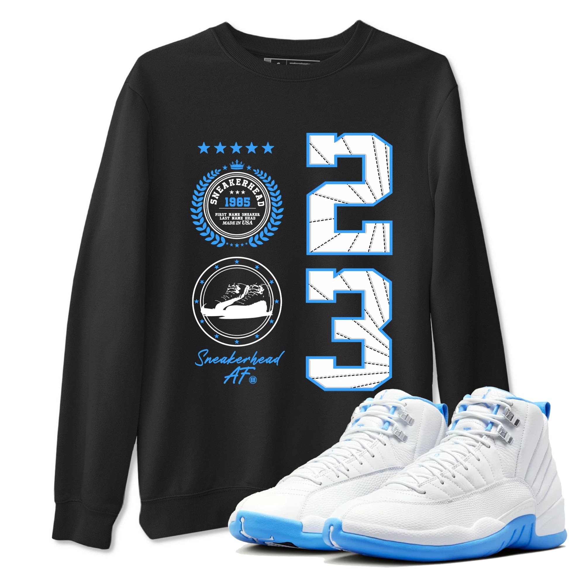 Sneaker Emblem sneaker match t-shirt styled to complete your fit with the Air Jordan 12 White and University Blue sneakers, shown in Black 1.