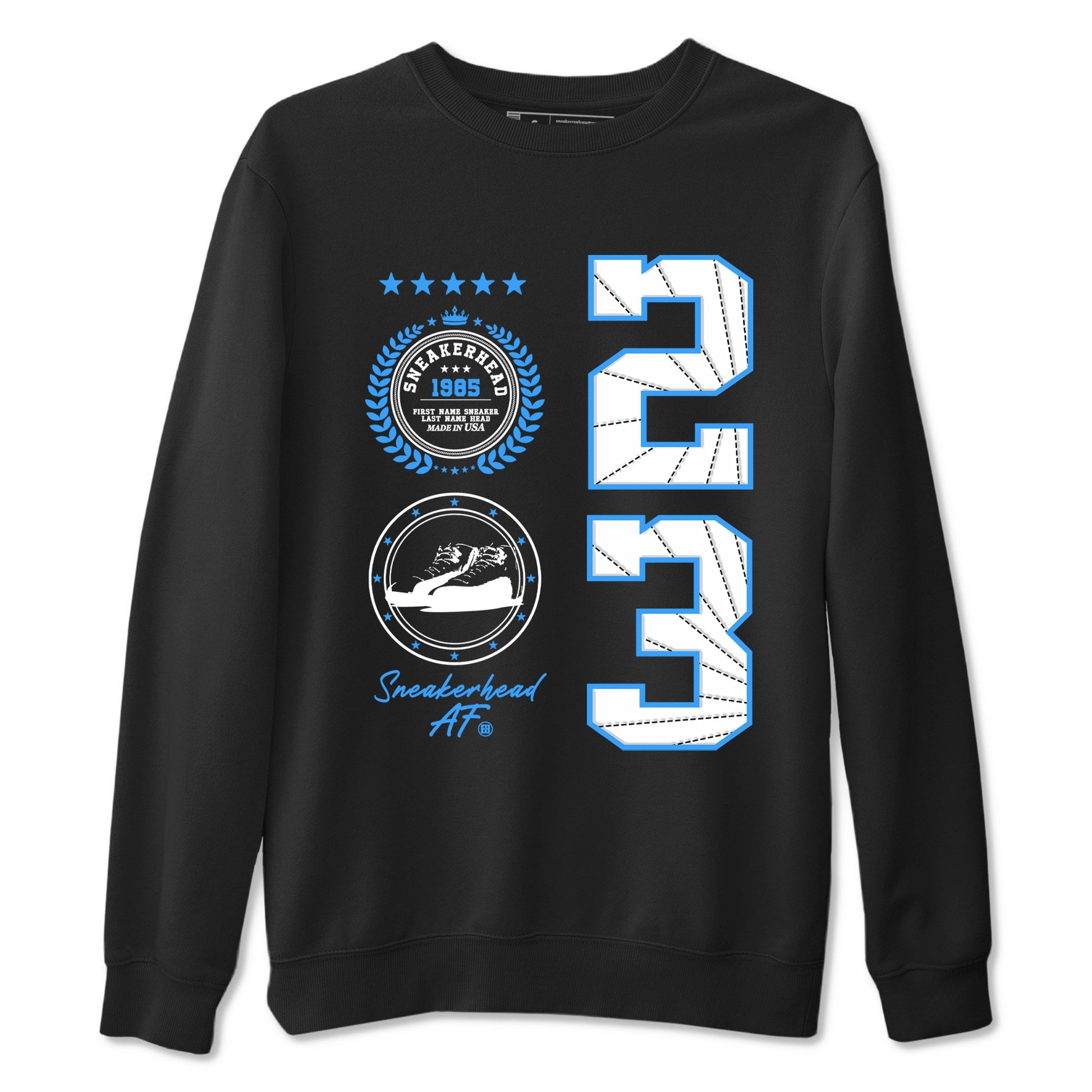 Sneaker Emblem sneaker match t-shirt styled to complete your fit with the Air Jordan 12 White and University Blue sneakers, shown in Black 2.