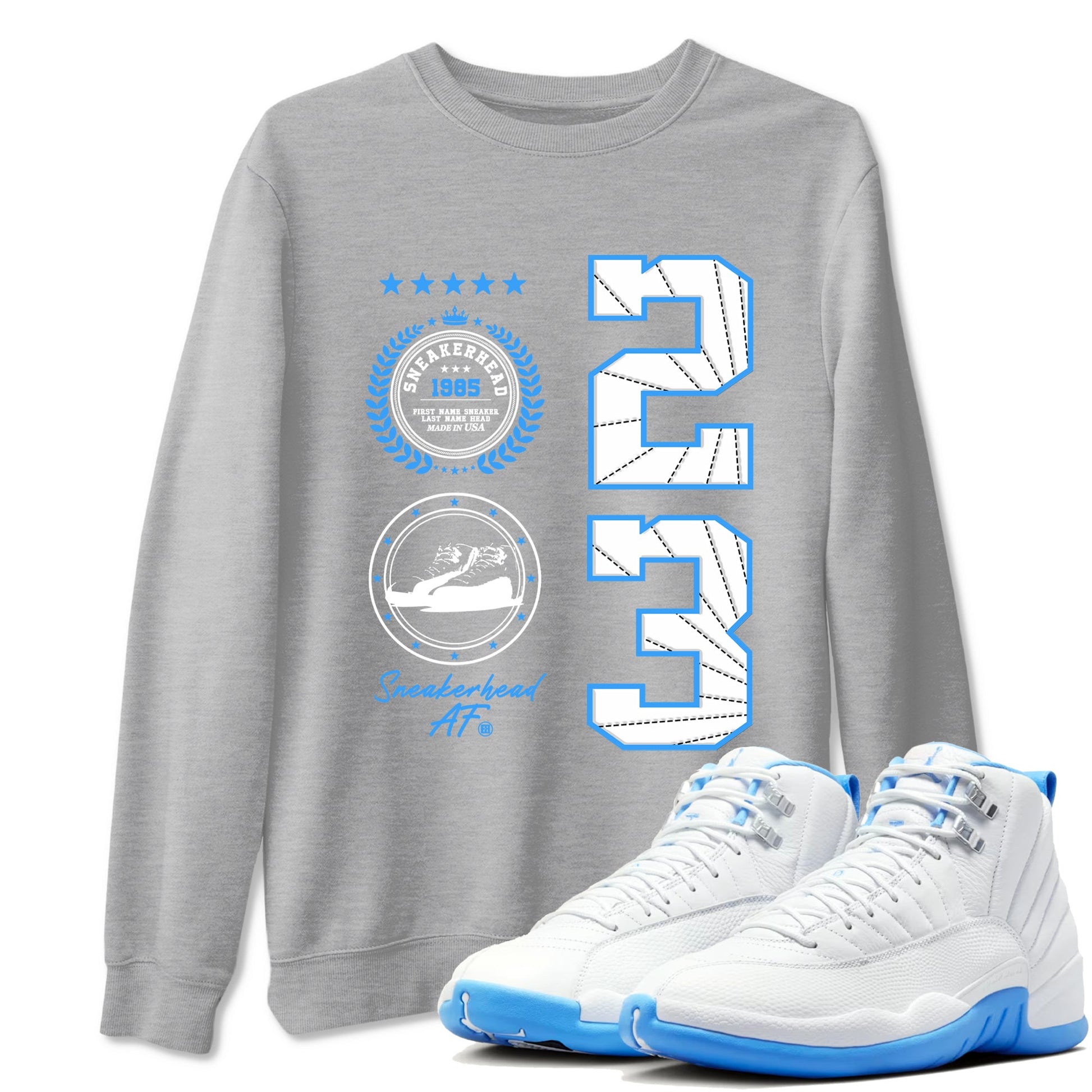 Sneaker Emblem sneaker match t-shirt styled to complete your fit with the Air Jordan 12 White and University Blue sneakers, shown in Heather Grey 1.