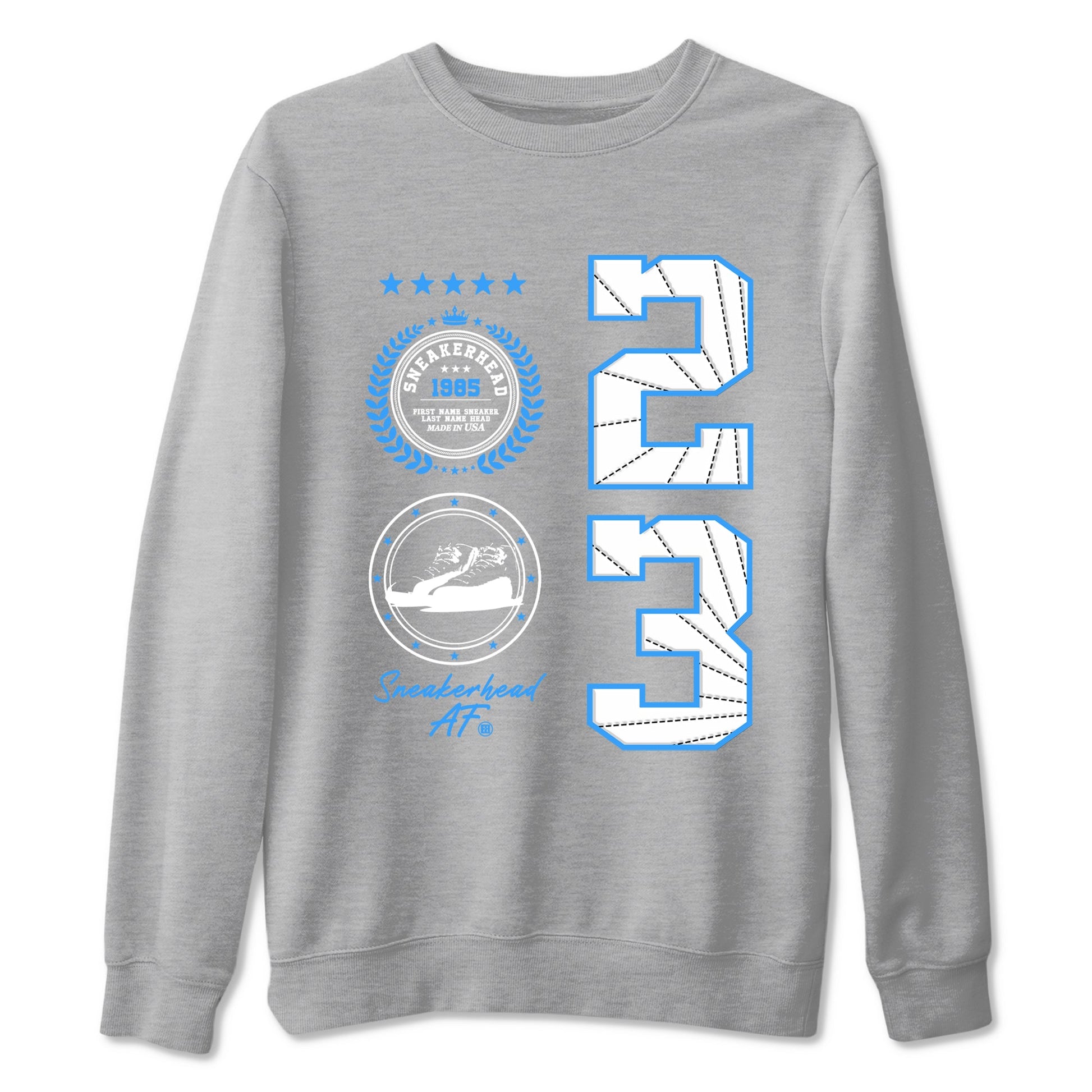 Sneaker Emblem sneaker match t-shirt styled to complete your fit with the Air Jordan 12 White and University Blue sneakers, shown in Heather Grey 2.