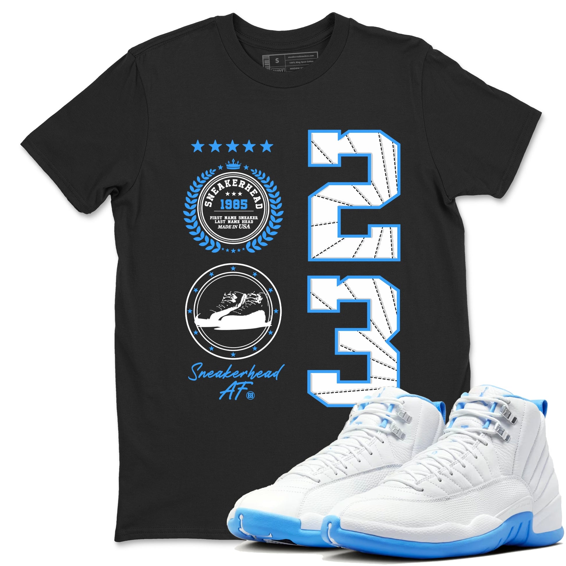 Sneaker Emblem sneaker match t-shirt styled to complete your fit with the Air Jordan 12 White and University Blue sneakers, shown in Black 1.