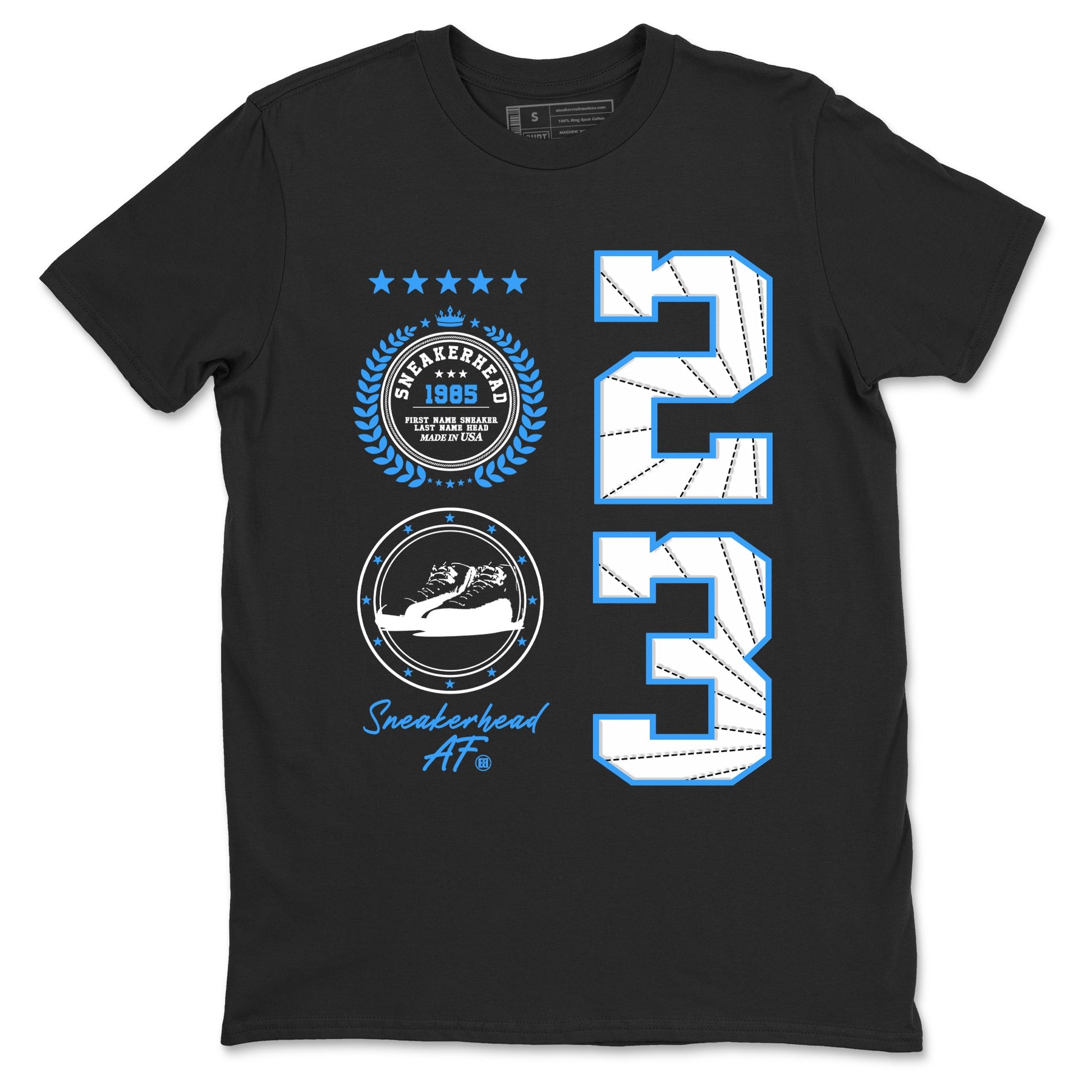 Sneaker Emblem sneaker match t-shirt styled to complete your fit with the Air Jordan 12 White and University Blue sneakers, shown in Black 2.