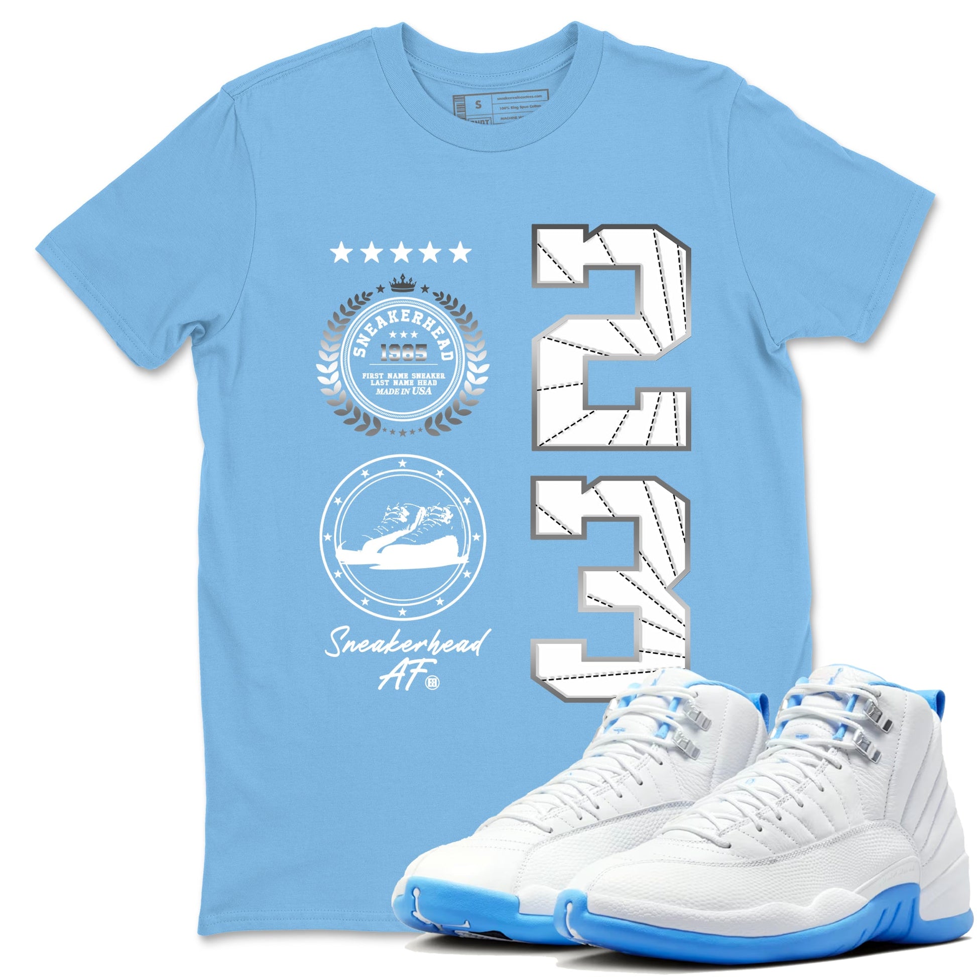 Sneaker Emblem sneaker match t-shirt styled to complete your fit with the Air Jordan 12 White and University Blue sneakers, shown in Carolina Blue 1.