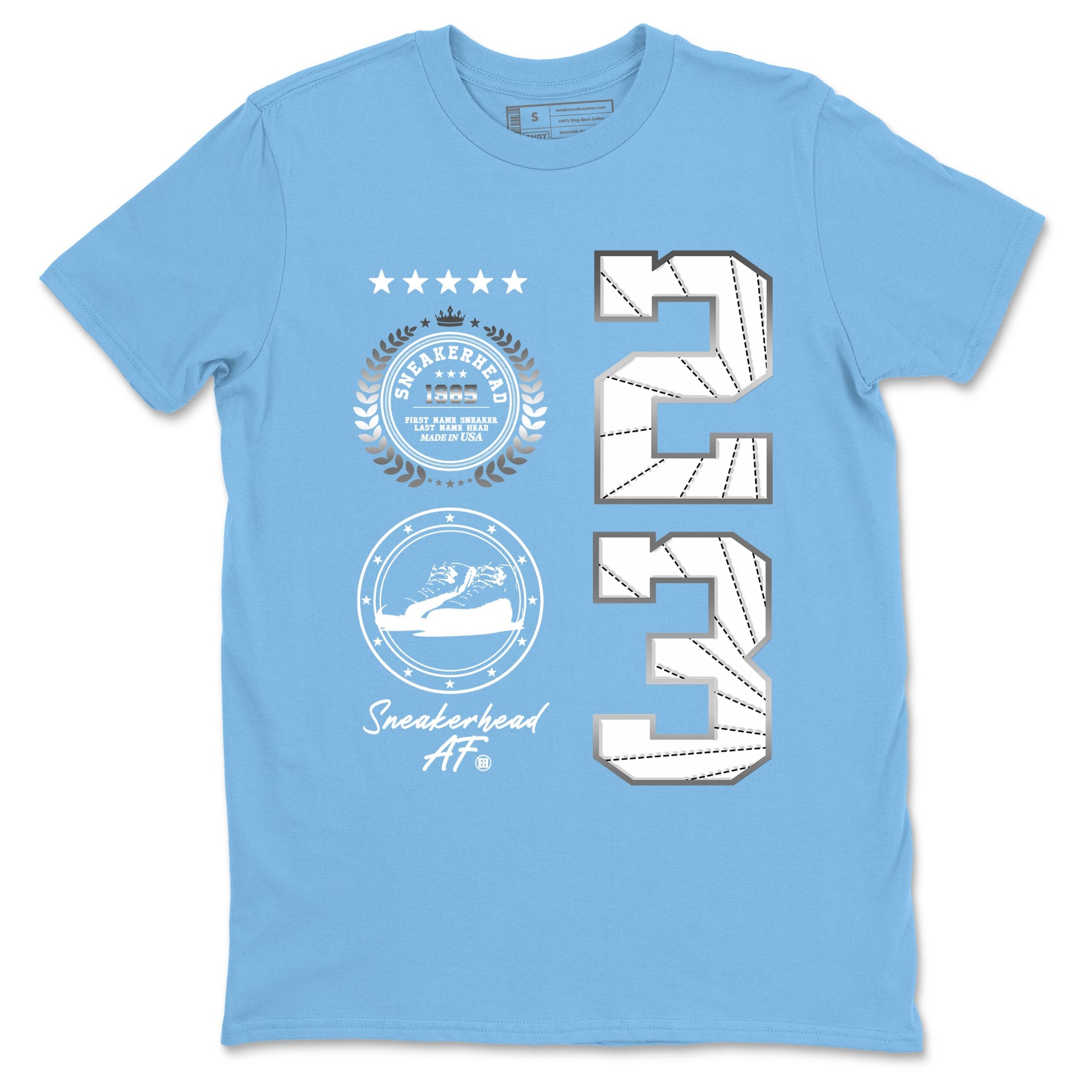 Sneaker Emblem sneaker match t-shirt styled to complete your fit with the Air Jordan 12 White and University Blue sneakers, shown in Carolina Blue 2.